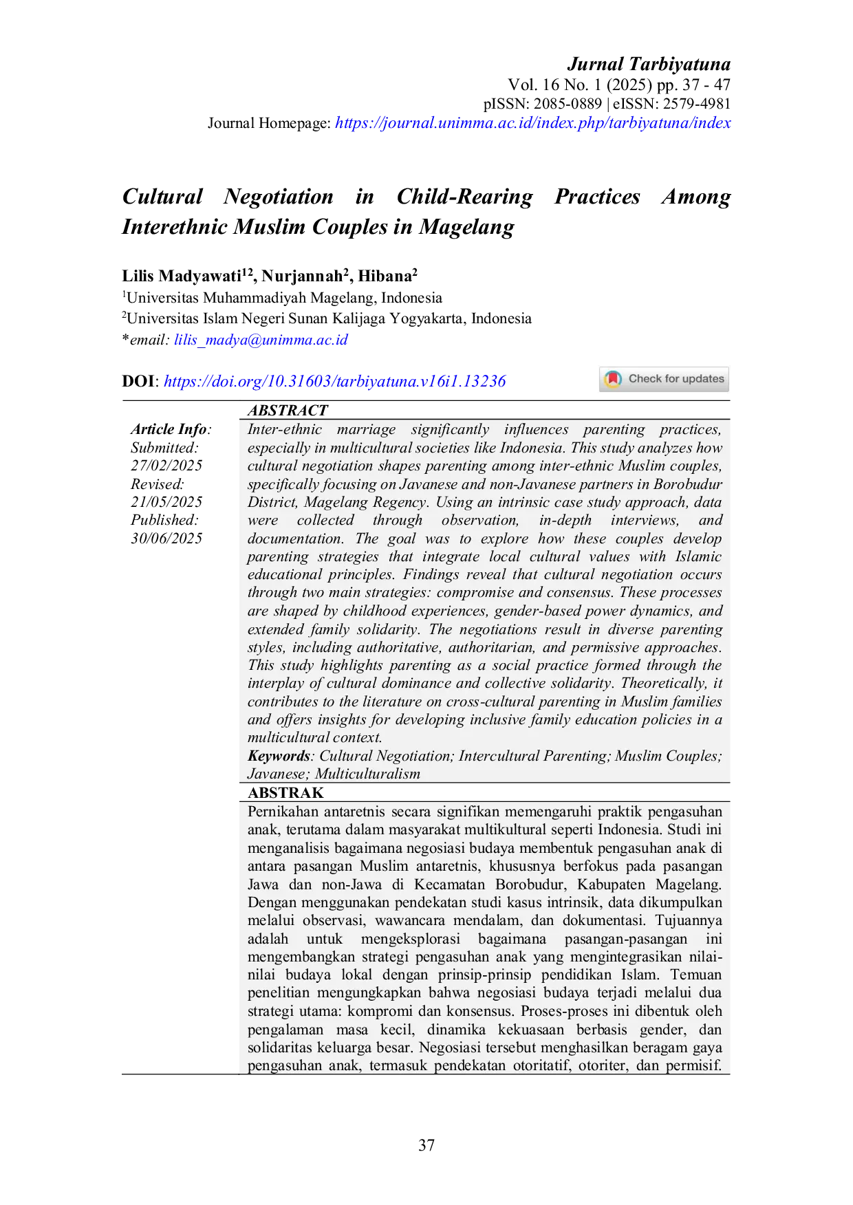 JURIS Cultural Negotiation in Childcare among Inter Ethnic Muslim Couples in Magelang Regency