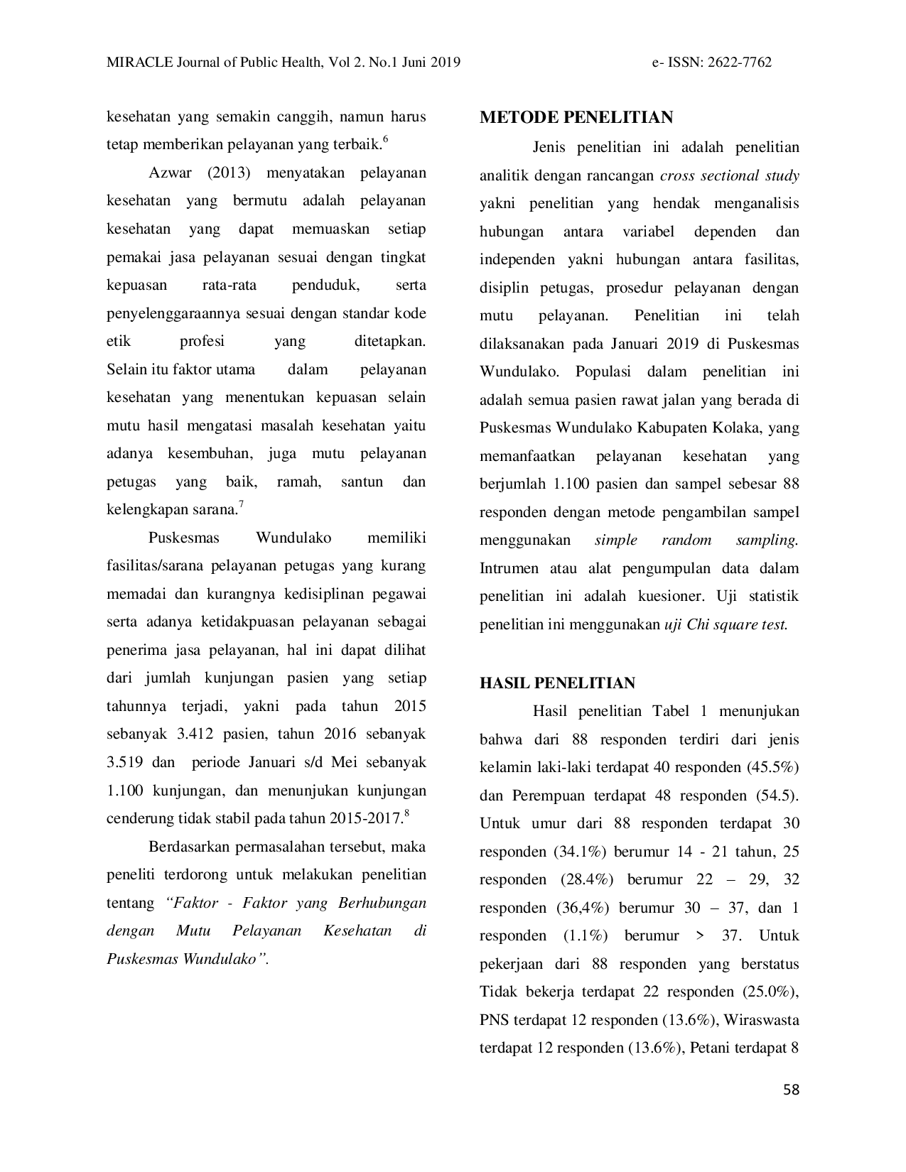 JURIS Faktor Faktor yang Berhubungan dengan Mutu Pelayanan Kesehatan di Puskesmas Wundulako Kabupaten Kolaka