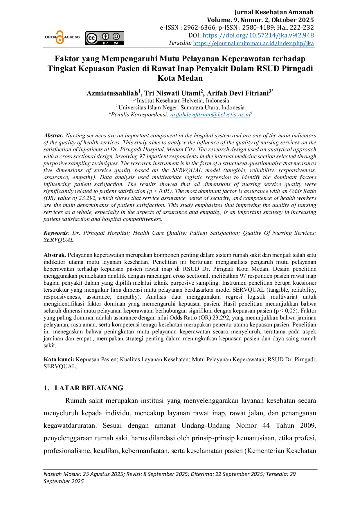 JURIS Faktor yang Mempengaruhi Mutu Pelayanan Keperawatan terhadap Tingkat Kepuasan Pasien di Rawat Inap Penyakit Dalam RSUD Pirngadi Kota Medan