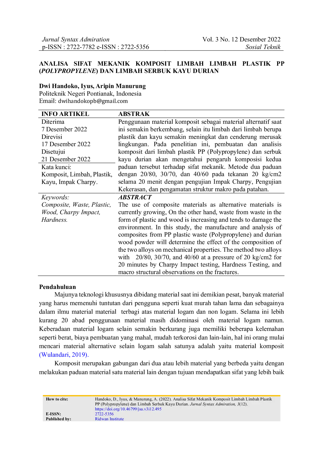 JURIS Analisa Sifat Mekanik Komposit Limbah Limbah Plastik PP Polypropylene dan Limbah Serbuk Kayu Durian