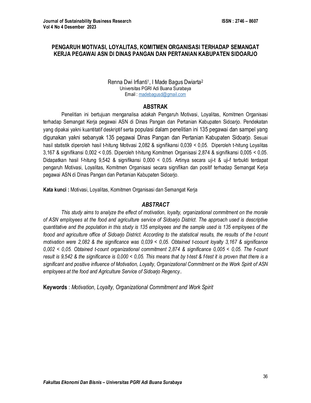 JURIS Pengaruh Motivasi Loyalitas Komitmen Organisasi Terhadap Semangat Kerja Pegawai ASN Di Dinas Pangan Dan Pertanian Kabupaten Sidoarjo