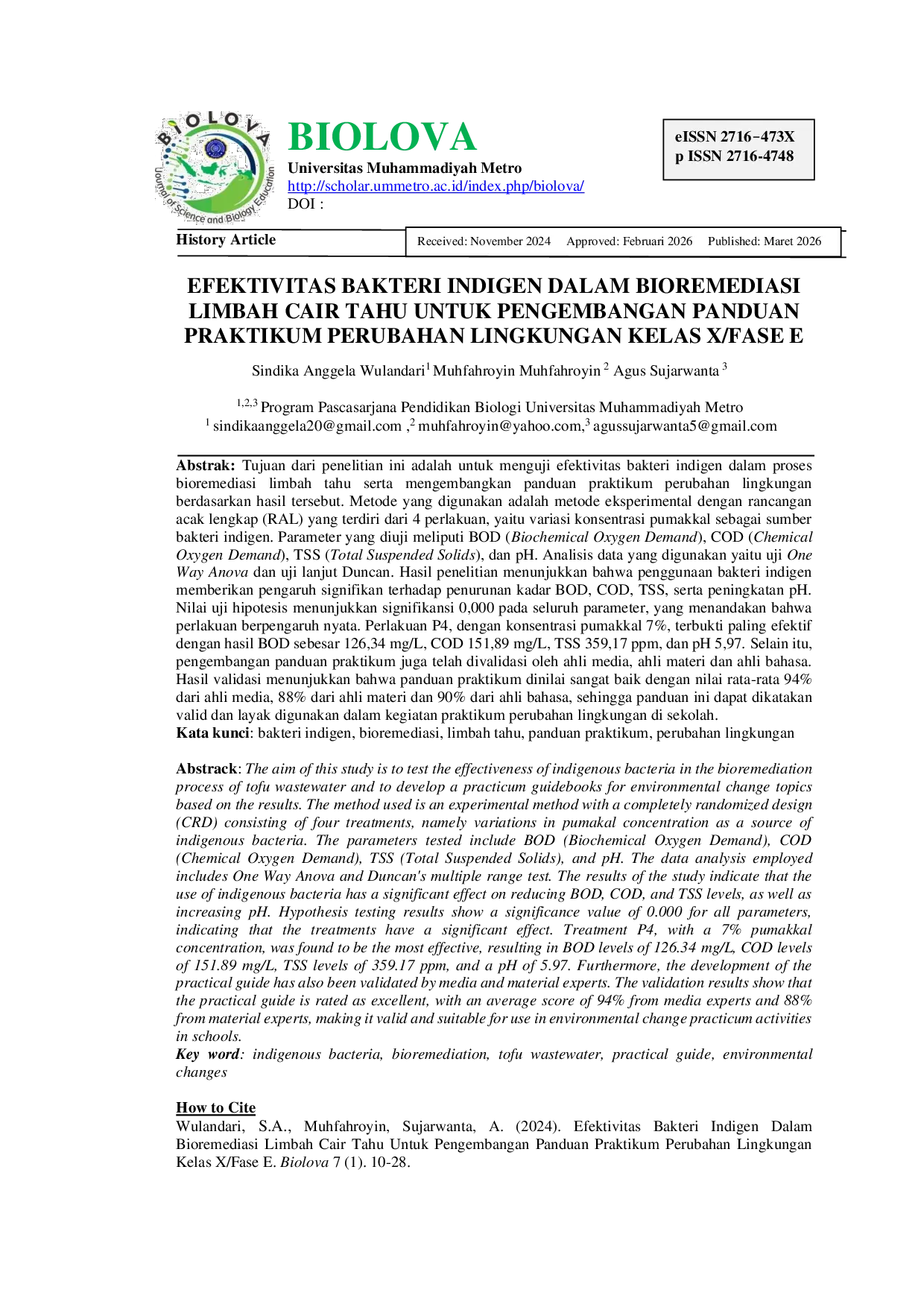 JURIS Efektivitas Bakteri Indigen dalam Bioremediasi Limbah Cair Tahu untuk Pengembangan Panduan Praktikum Perubahan Lingkungan Kelas X Fase E