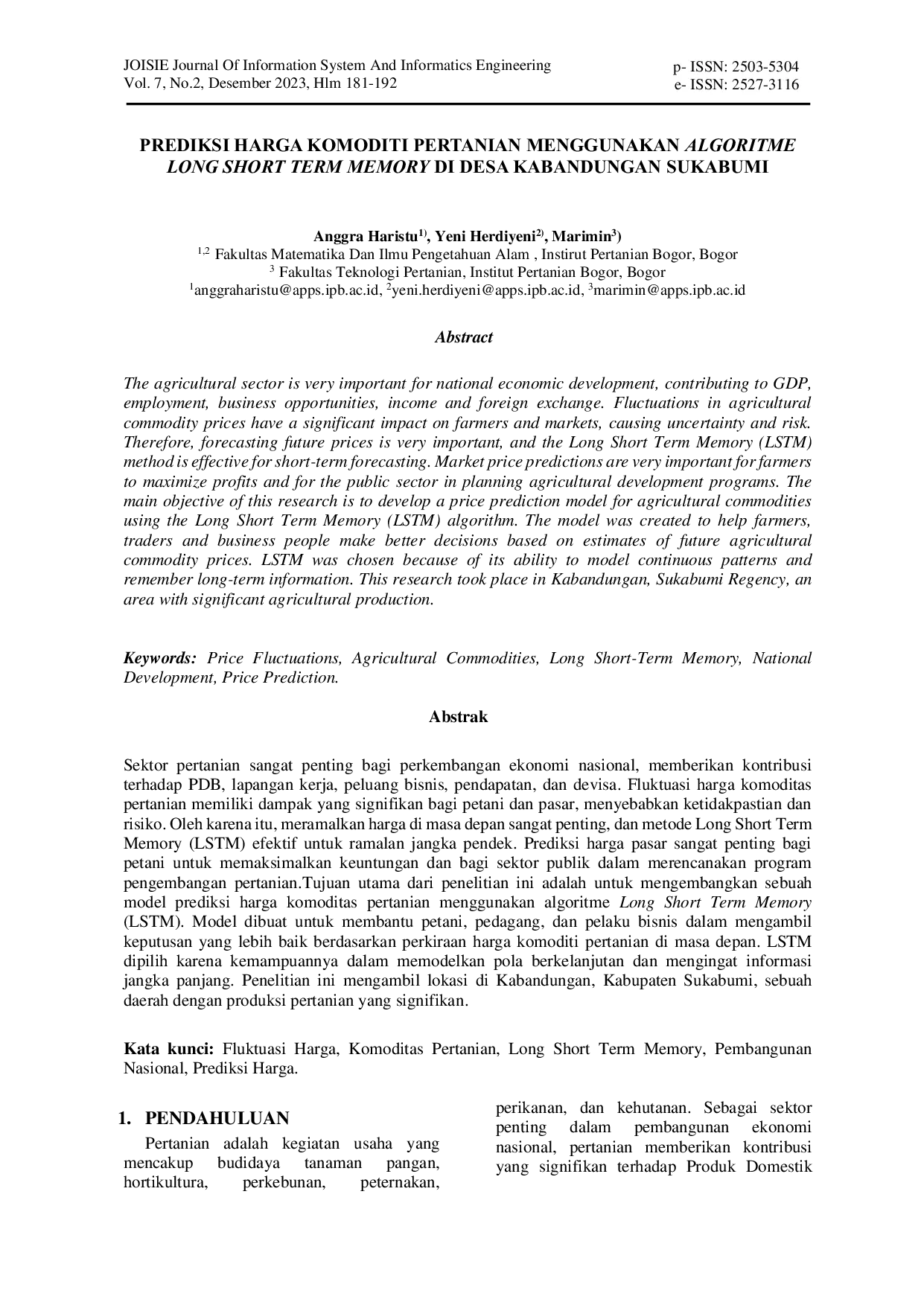 JURIS Prediksi Harga Komoditi Pertanian Menggunakan Algoritme Long Short Term Memory Di Desa Kabandungan Sukabumi