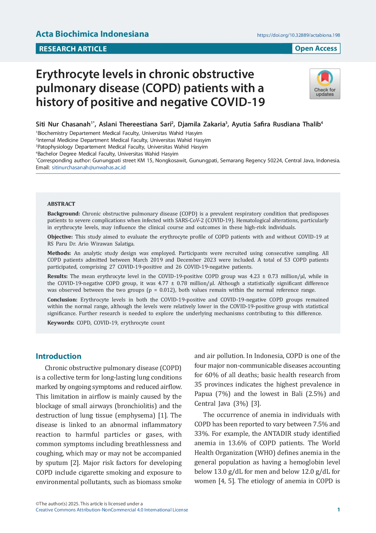 JURIS Erythrocyte levels in chronic obstructive pulmonary disease COPD patients with a history of positive and negative COVID 19