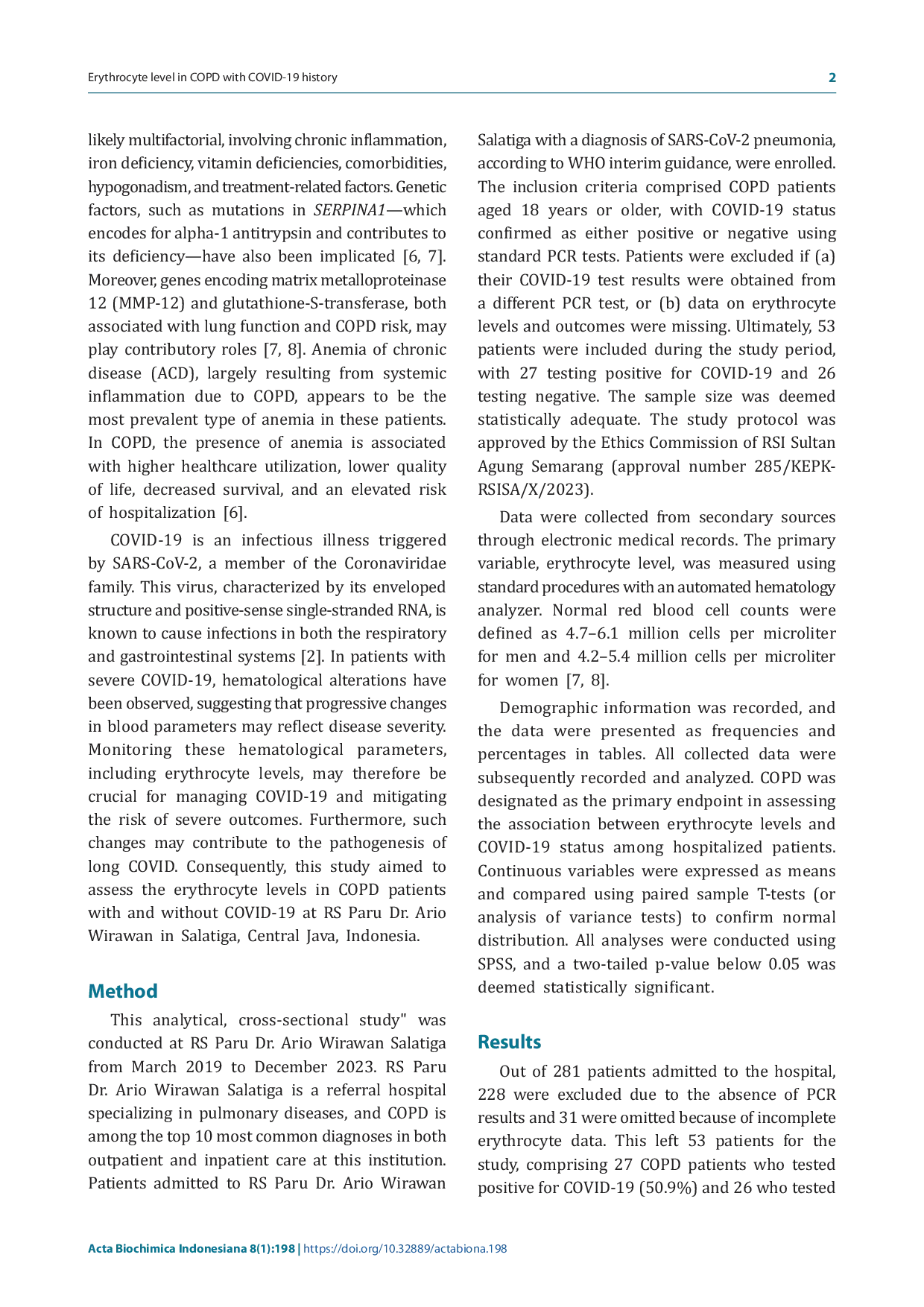 JURIS Erythrocyte levels in chronic obstructive pulmonary disease COPD patients with a history of positive and negative COVID 19