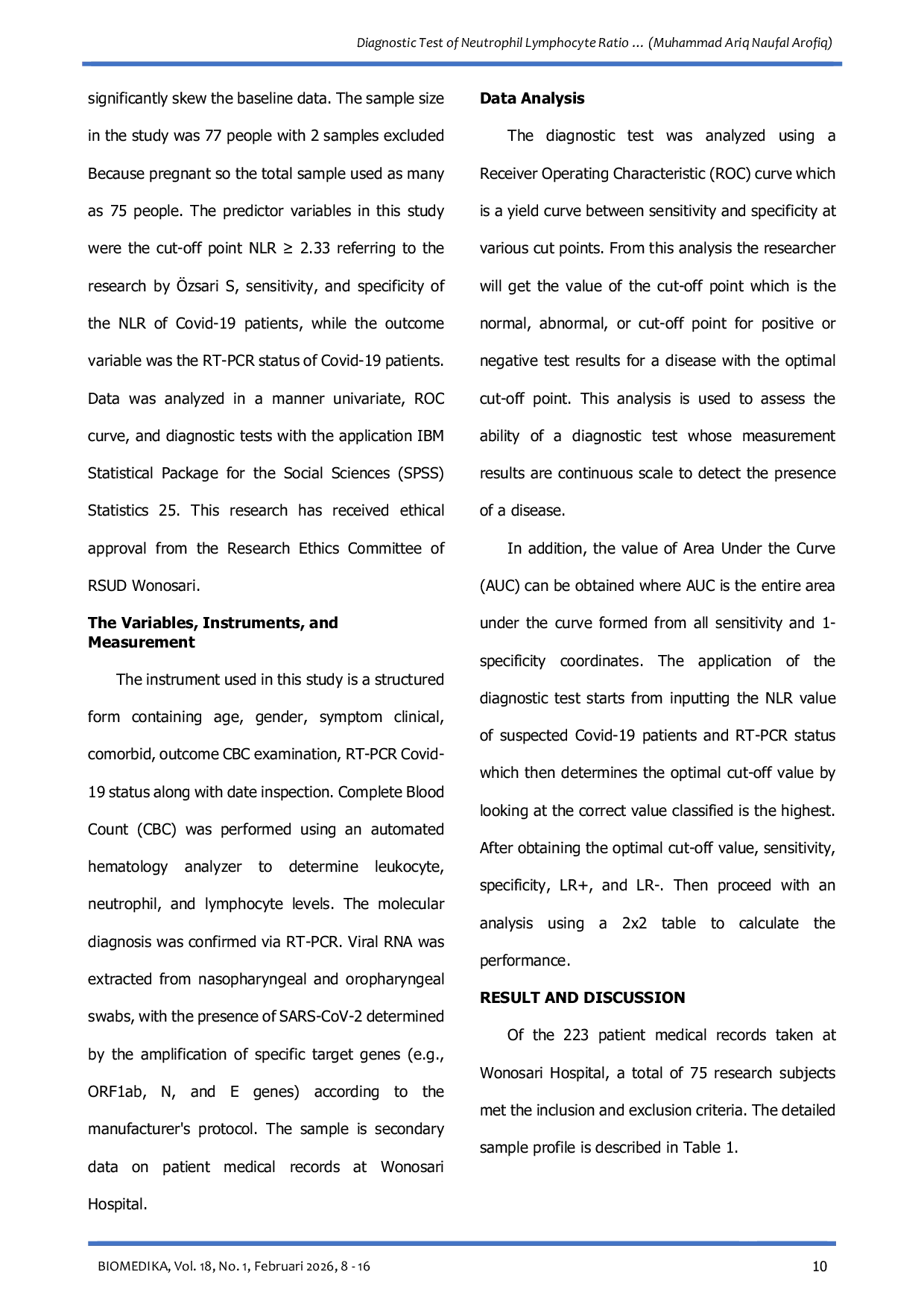 JURIS Diagnostic Test of Neutrophil Lymphocyte Ratio in Confirmed Covid 19 Positive Patient at Rsud Wonosari