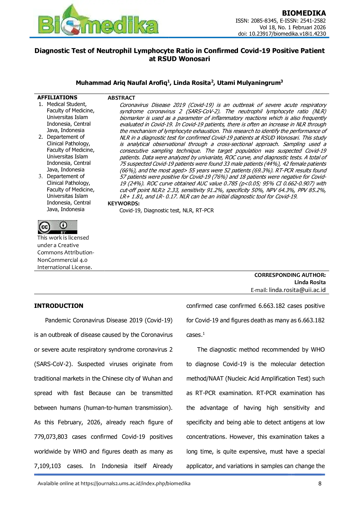 JURIS Diagnostic Test of Neutrophil Lymphocyte Ratio in Confirmed Covid 19 Positive Patient at Rsud Wonosari