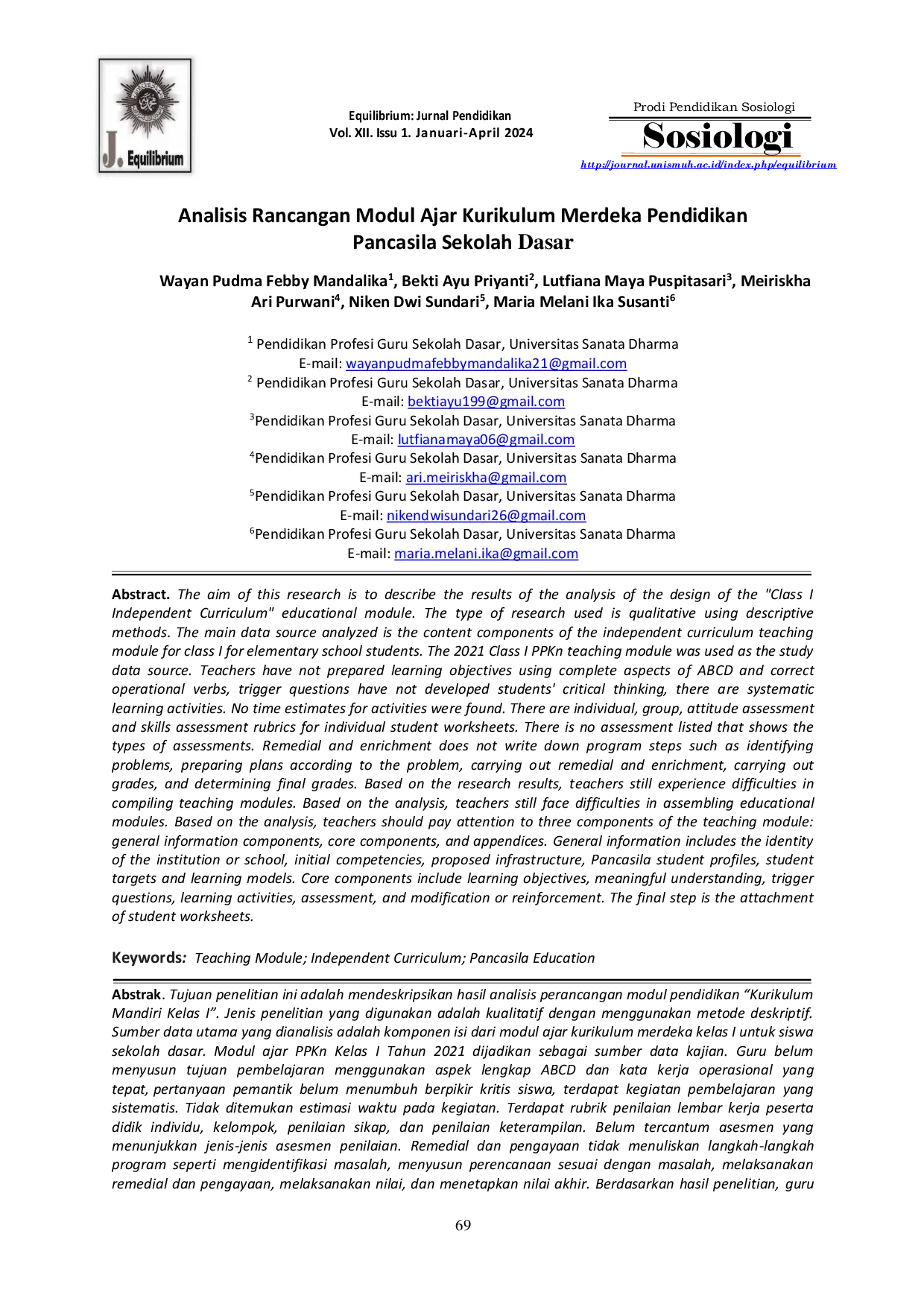 JURIS Analisis Rancangan Modul Ajar Kurikulum Merdeka Kelas I Pendidikan Pancasila Sekolah Dasar