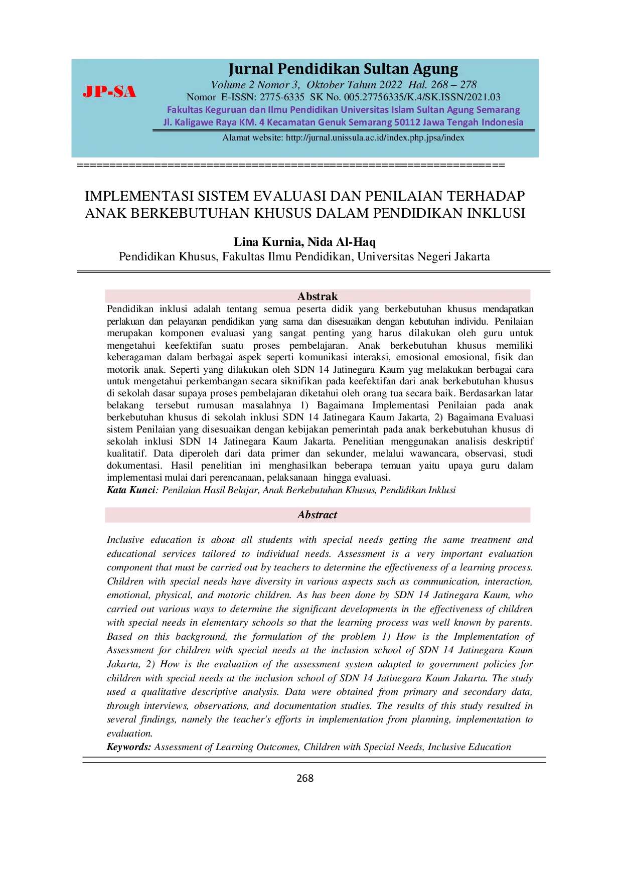 JURIS Implementasi Sistem Evaluasi Dan Penilaian Terhadap Anak Berkebutuhan Khusus Dalam Pendidikan Inklusi