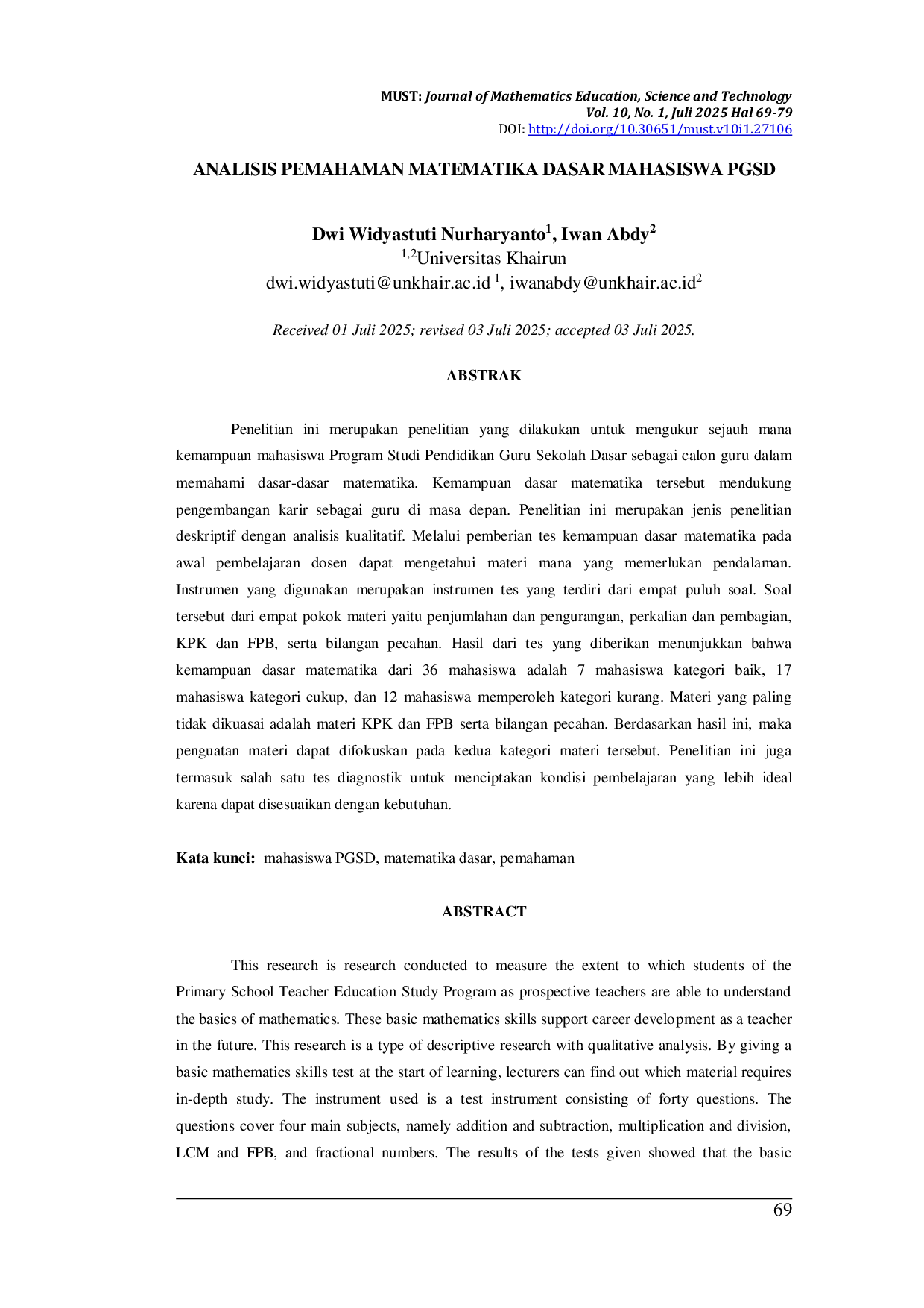 JURIS Analisis Pemahaman Matematika Dasar Mahasiswa PGSD