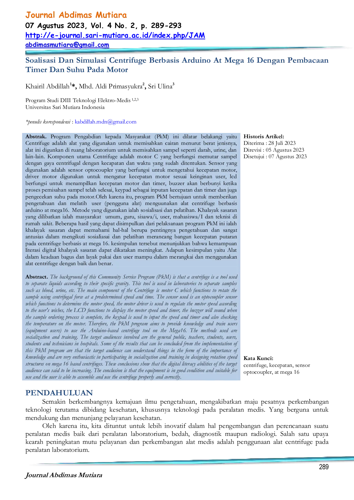 JURIS Soalisasi Dan Simulasi Centrifuge Berbasis Arduino At Mega 16 Dengan Pembacaan Timer Dan Suhu Pada Motor