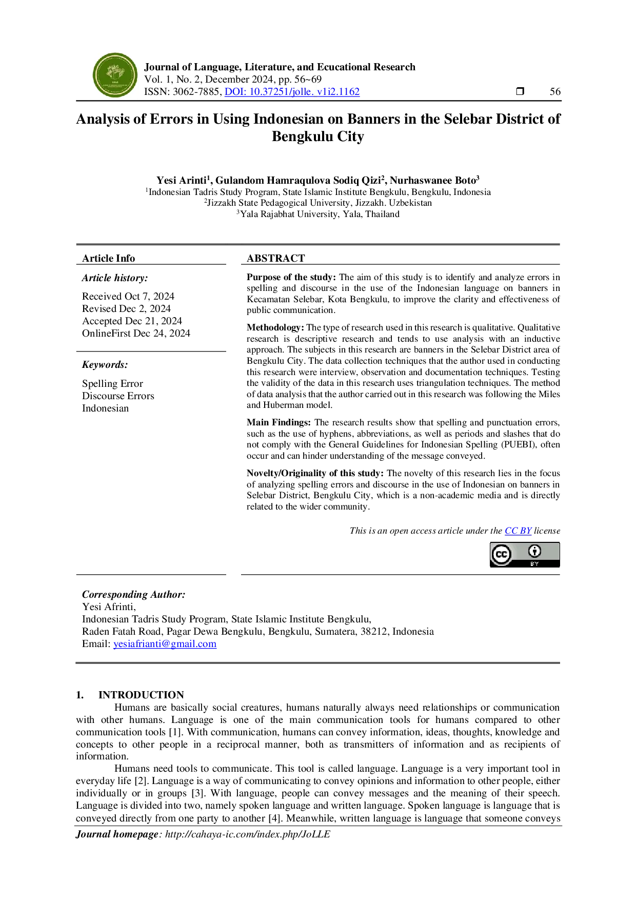 JURIS Analysis of Errors in Using Indonesian on Banners in the Selebar District of Bengkulu City