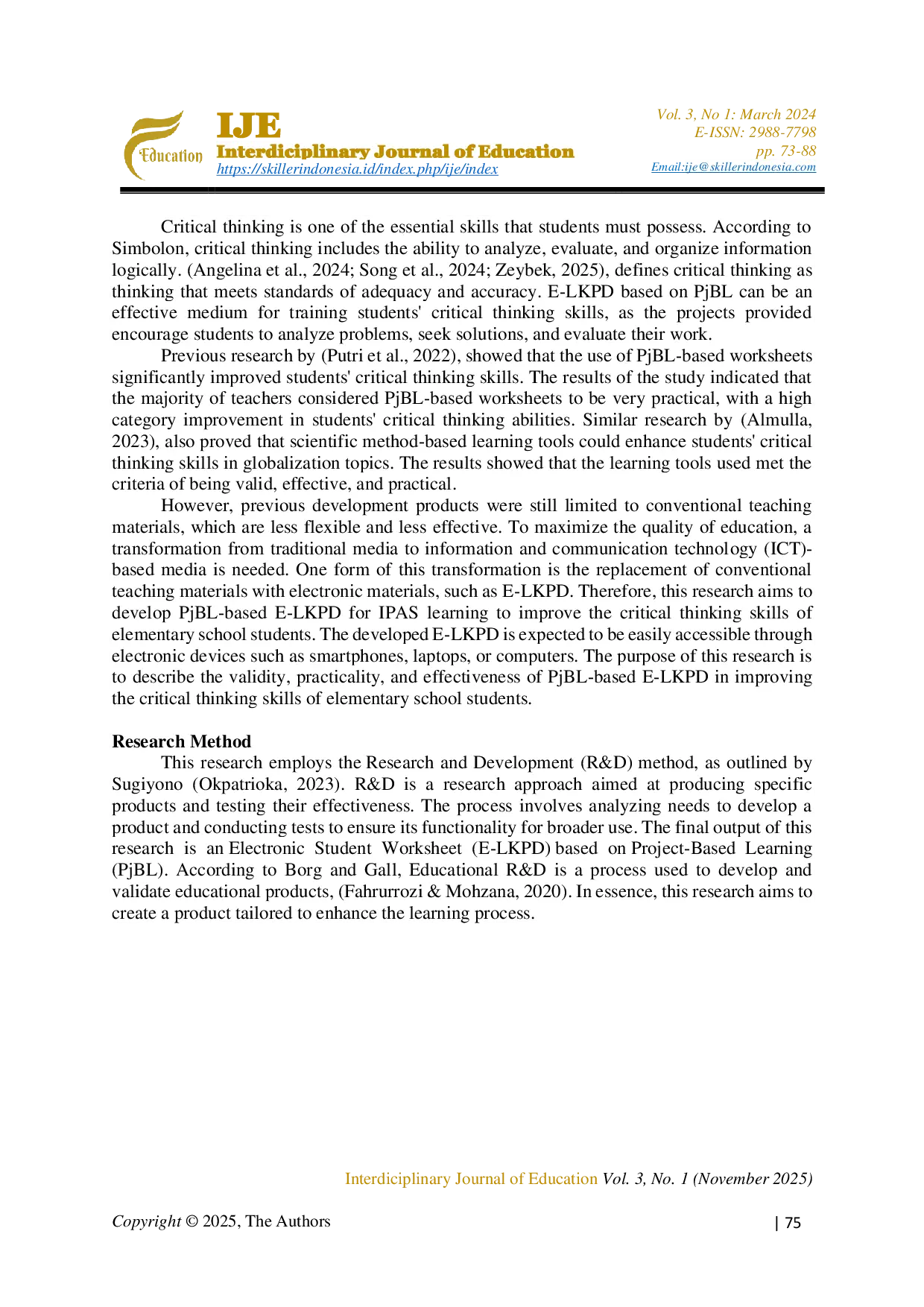 JURIS Development of E LKPD Based on Project Based Learning in IPAS Subjects to Improve Students Critical Thinking Skills