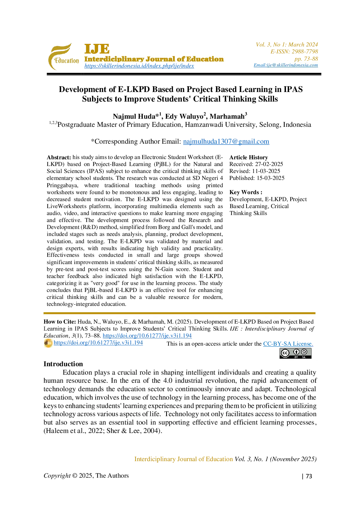 JURIS Development of E LKPD Based on Project Based Learning in IPAS Subjects to Improve Students Critical Thinking Skills