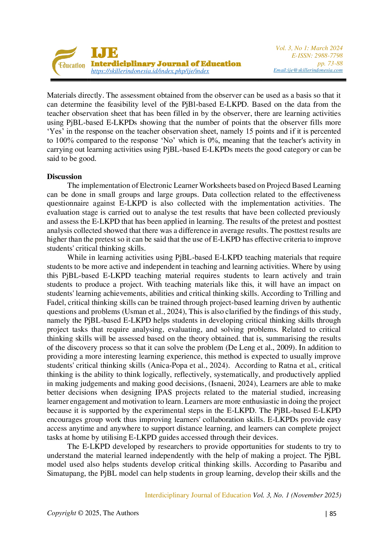 JURIS Development of E LKPD Based on Project Based Learning in IPAS Subjects to Improve Students Critical Thinking Skills