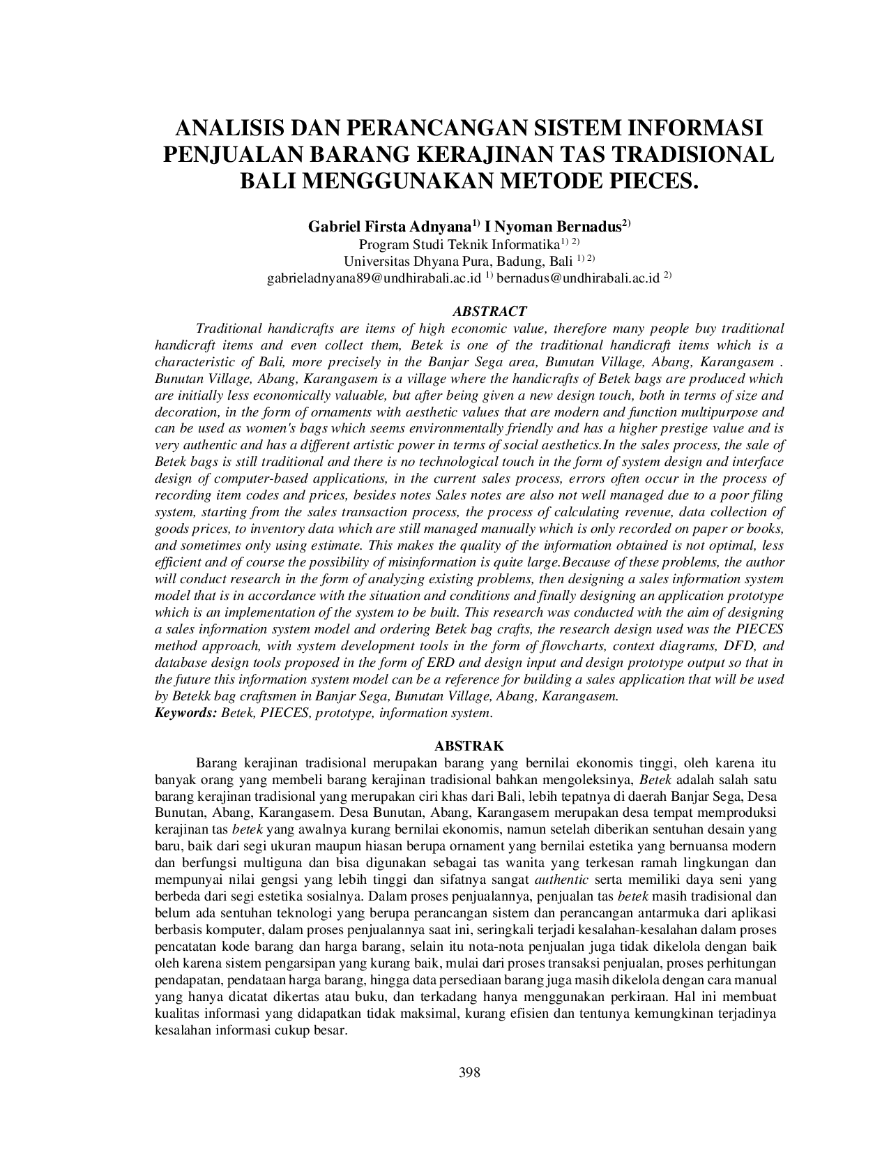 JURIS Analisis Dan Perancangan Sistem Informasi Penjualan Barang Kerajinan Tas Tradisional Bali Menggunakan Metode PIECES