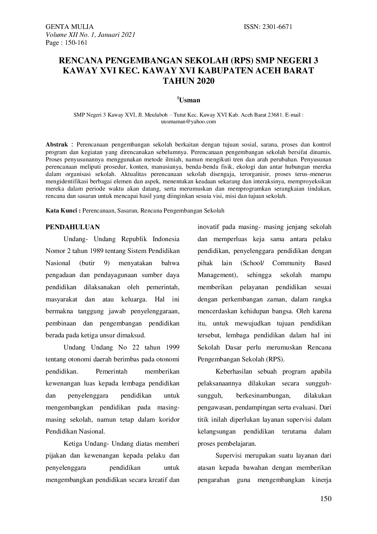 JURIS Rencana Pengembangan Sekolah RPS SMP Negeri 3 Kaway XVI Kec Kaway XVI Kab Aceh Barat Tahun 2020