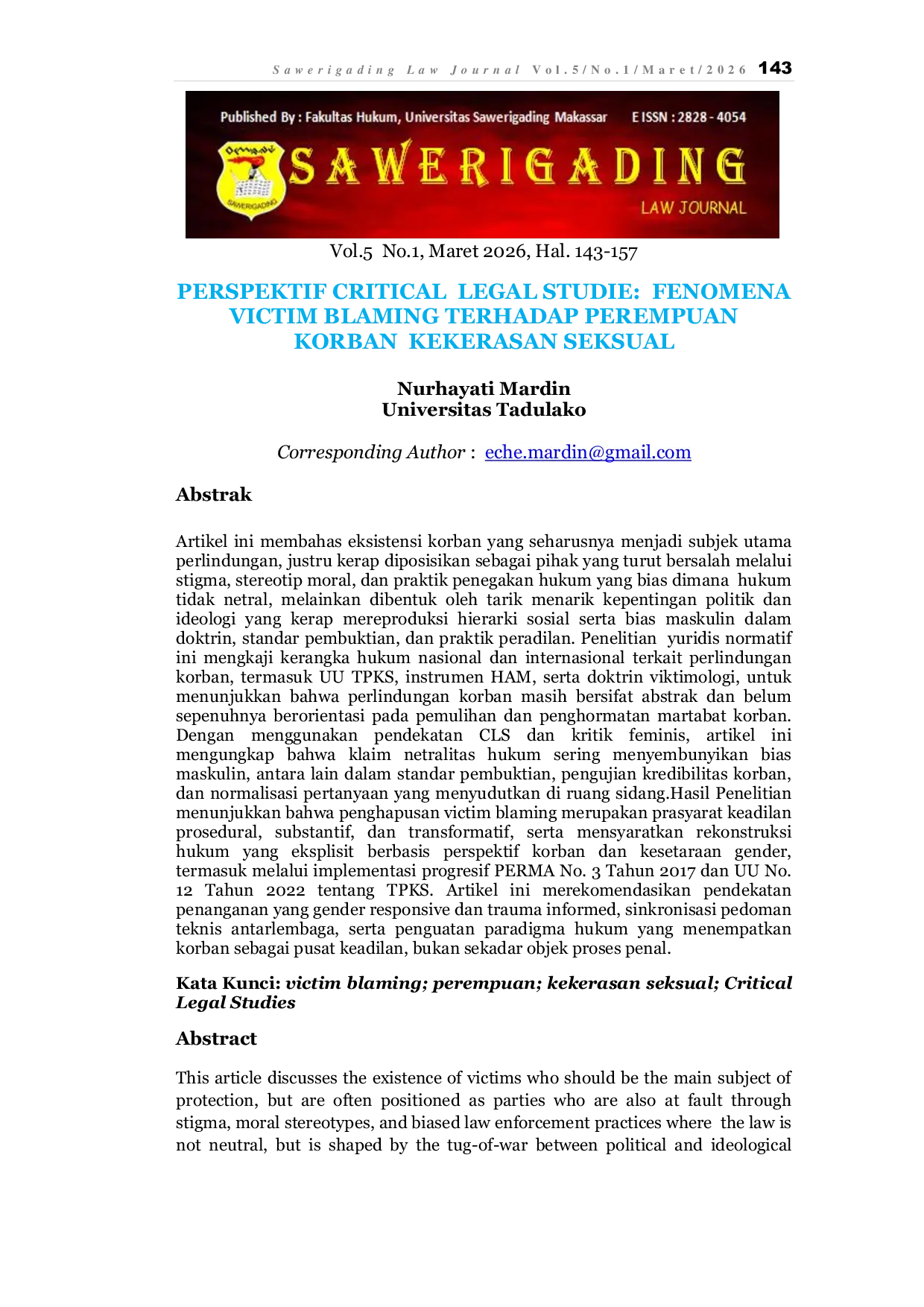 JURIS Perspektif Critical Legal Studie Fenomena Victim Blaming Terhadap Perempuan Korban Kekerasan Seksual