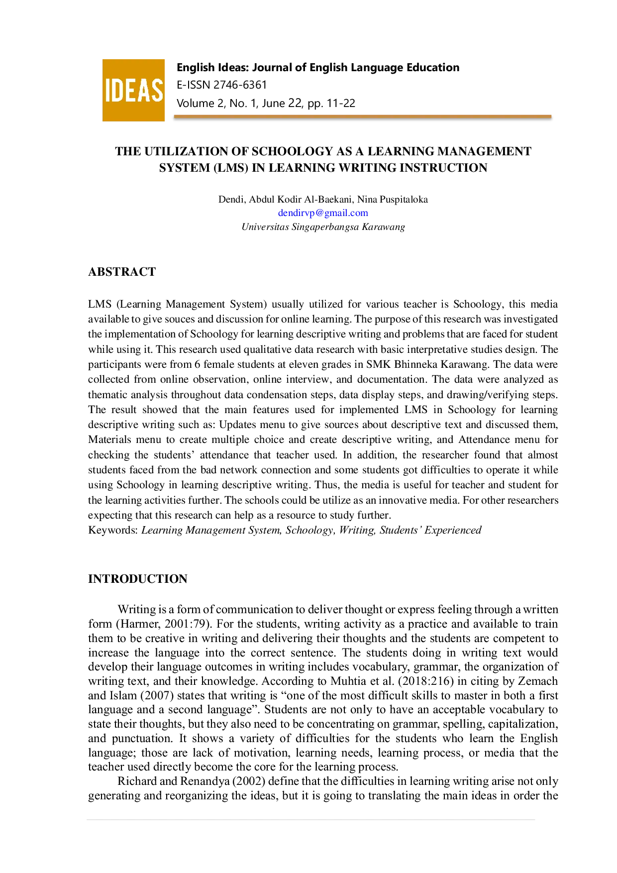 JURIS Penggunaan Schoology dalam Learning Management System LMS dalam pembelajaran instruksi menulis