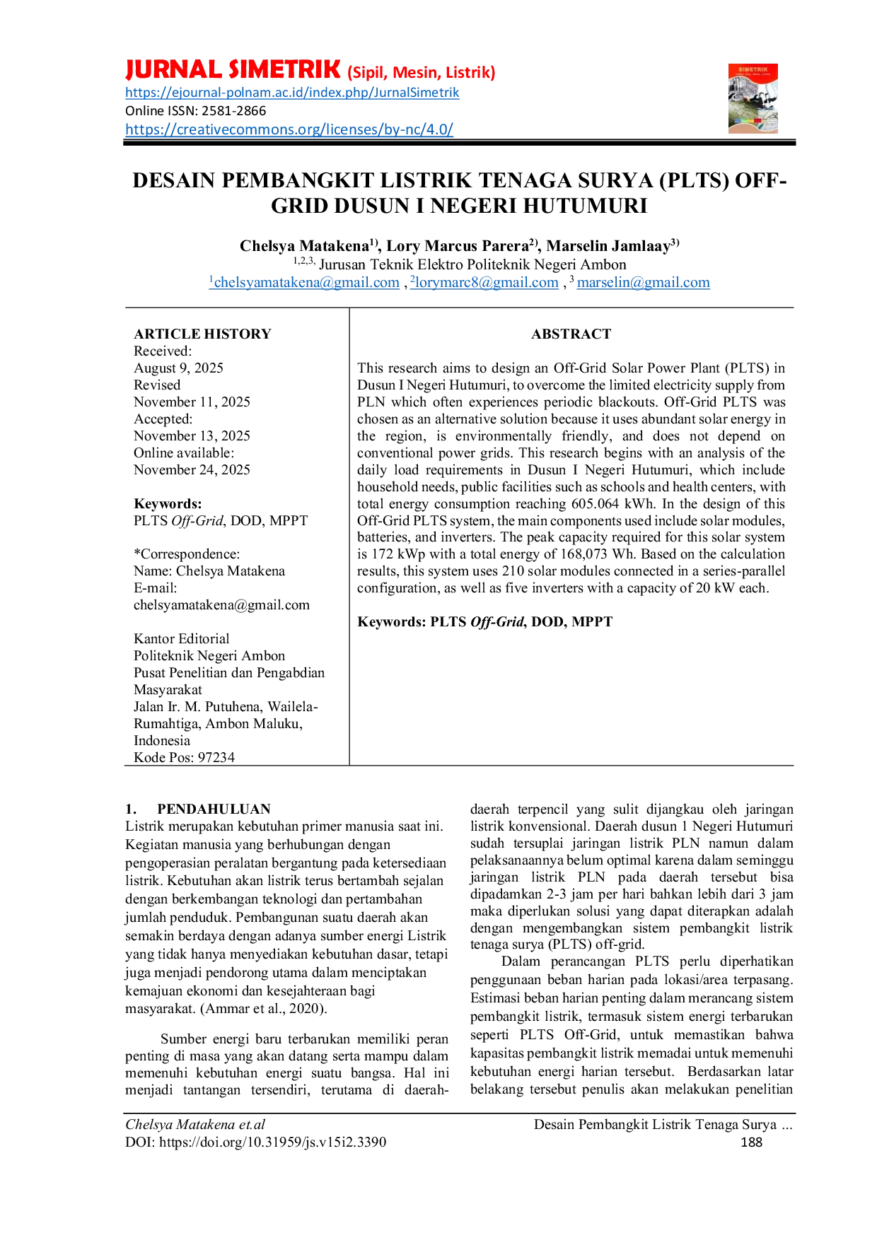 JURIS Desain Pembangkit Listrik Tenaga Surya PLTS Off Grid Dusun I Negeri Hutumuri