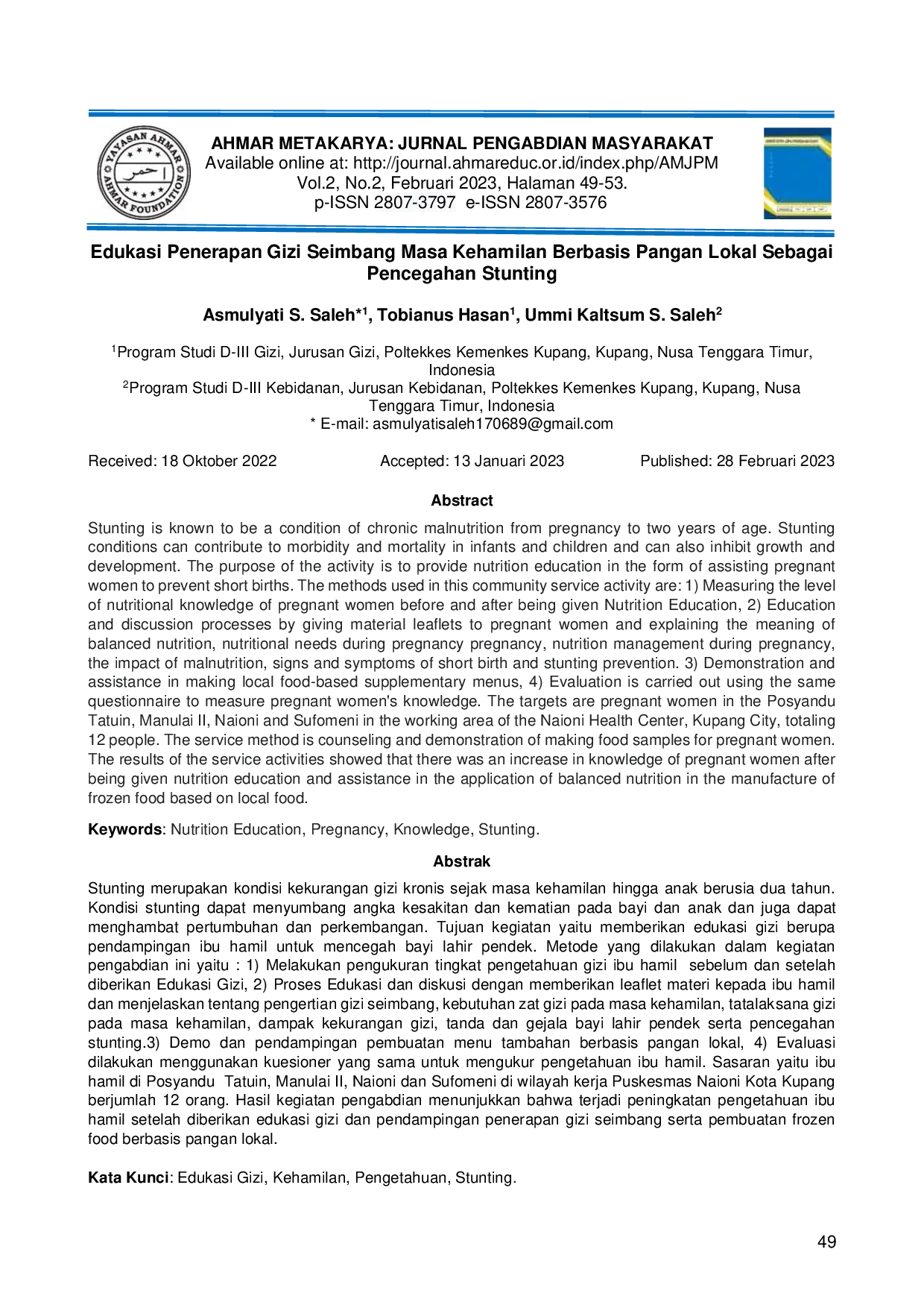 JURIS Edukasi Penerapan Gizi Seimbang Masa Kehamilan Berbasis Pangan Lokal Sebagai Pencegahan Stunting
