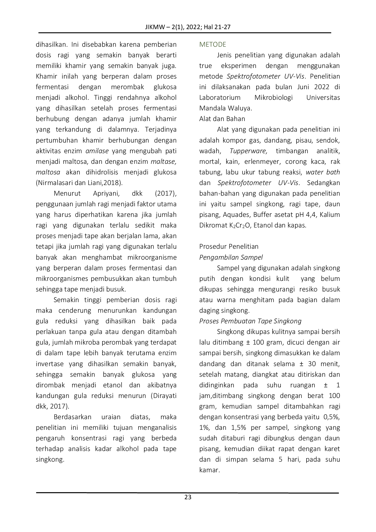 JURIS Pengaruh Konsentrasi Ragi yang berbeda terhadap Analisis Kadar Alkohol pada Tape Singkong