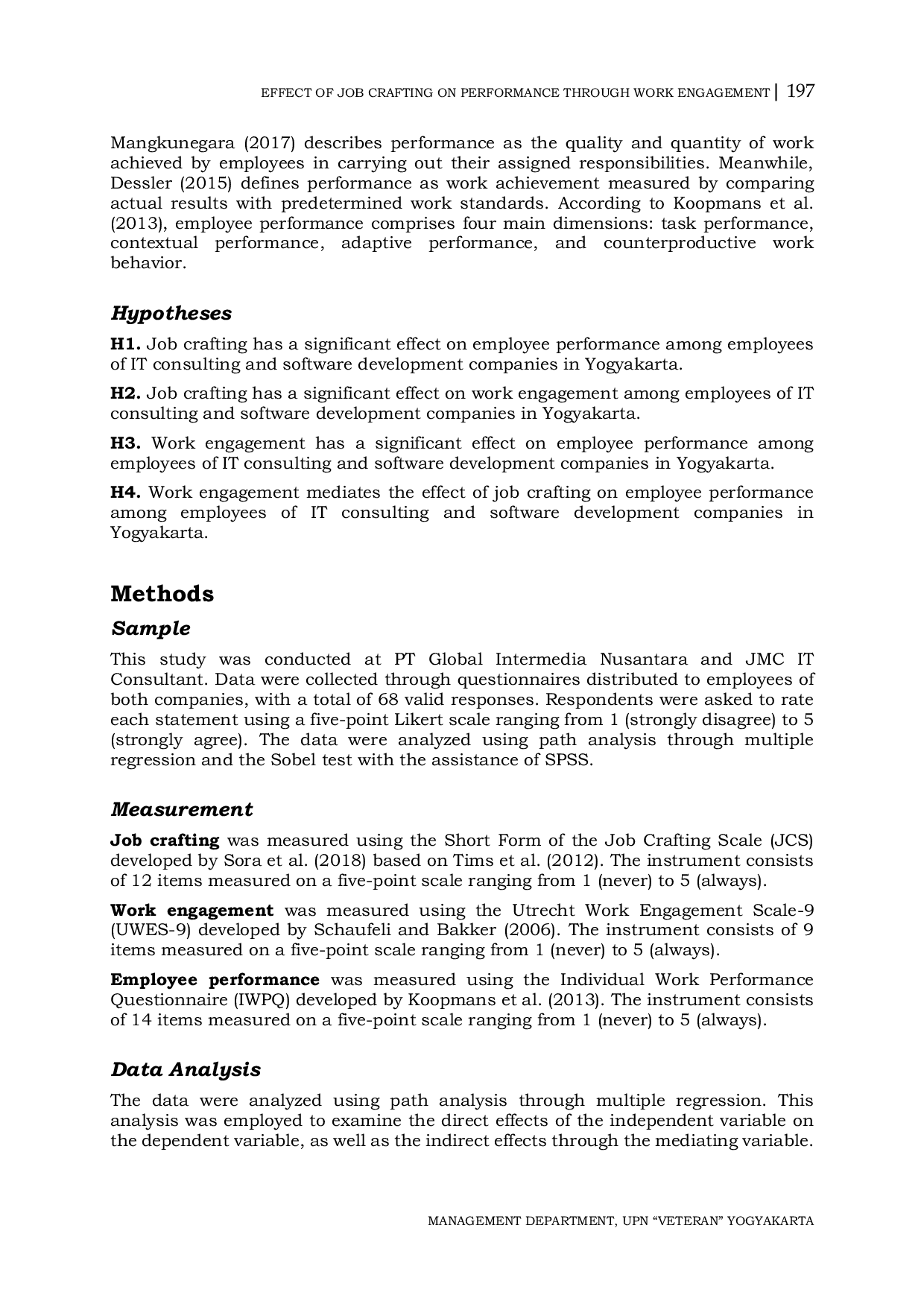 JURIS Effect of Job Crafting on Employee Performance through Work Engagement in IT Consulting and Software Development Employees in Yogyakarta