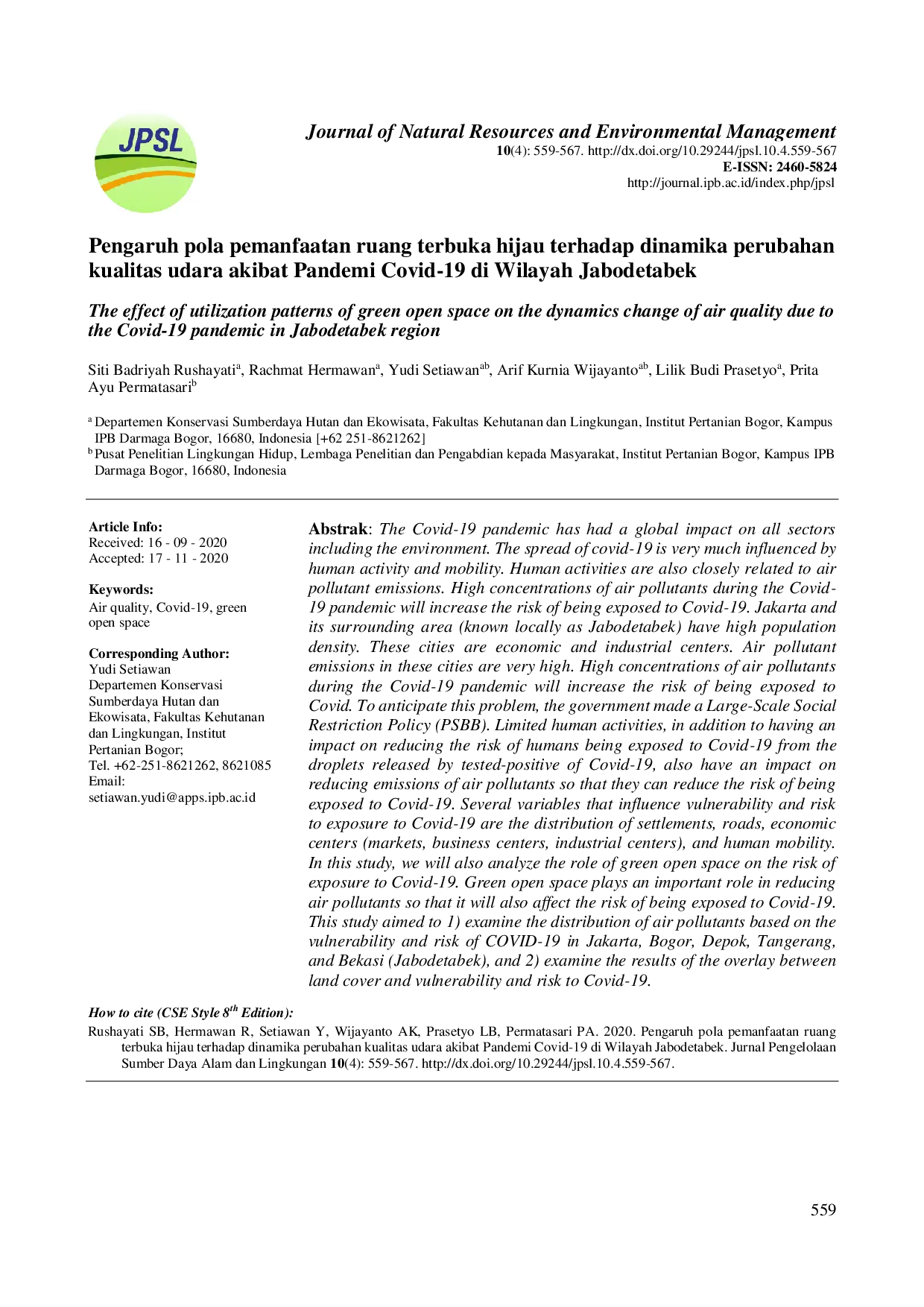 juris Pengaruh Pola Pemanfaatan Ruang Terbuka Hijau Terhadap Dinamika Perubahan Kualitas Udara Akibat Pandemi Covid 19 Di Wilayah Jabodetabek