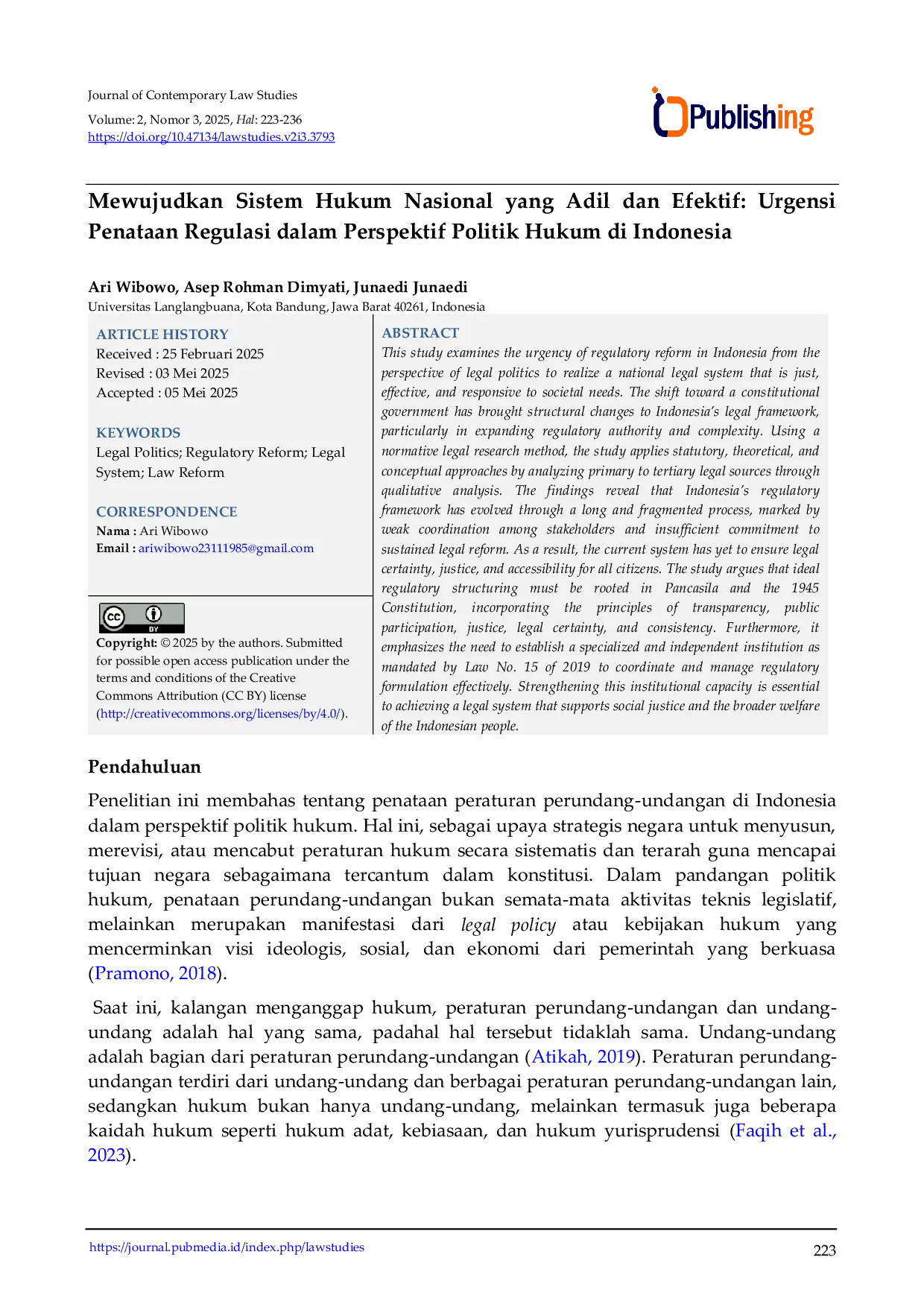 JURIS Mewujudkan Sistem Hukum Nasional yang Adil dan Efektif Urgensi Penataan Regulasi dalam Perspektif Politik Hukum di Indonesia