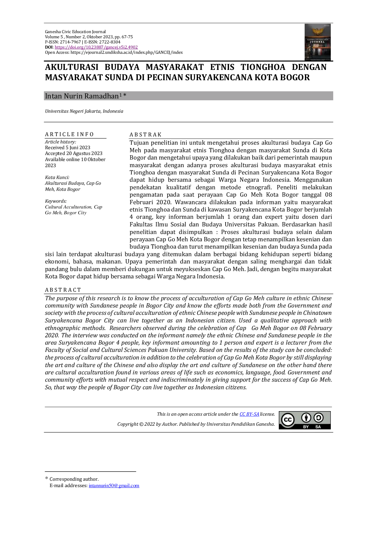 JURIS Akulturasi Budaya Masyarakat Etnis Tionghoa Dengan Masyarakat Sunda Di Pecinan Suryakencana Kota Bogor