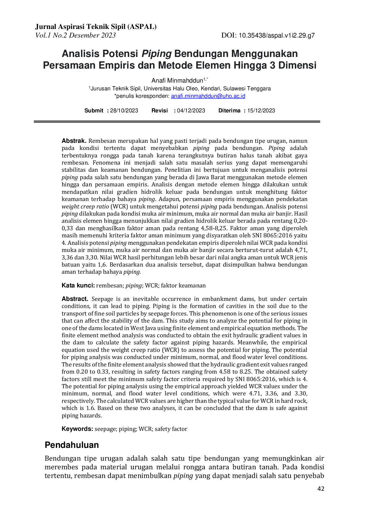 JURIS Analisis Potensi Piping Bendungan Menggunakan Persamaan Empiris dan Metode Elemen Hingga 3 Dimensi