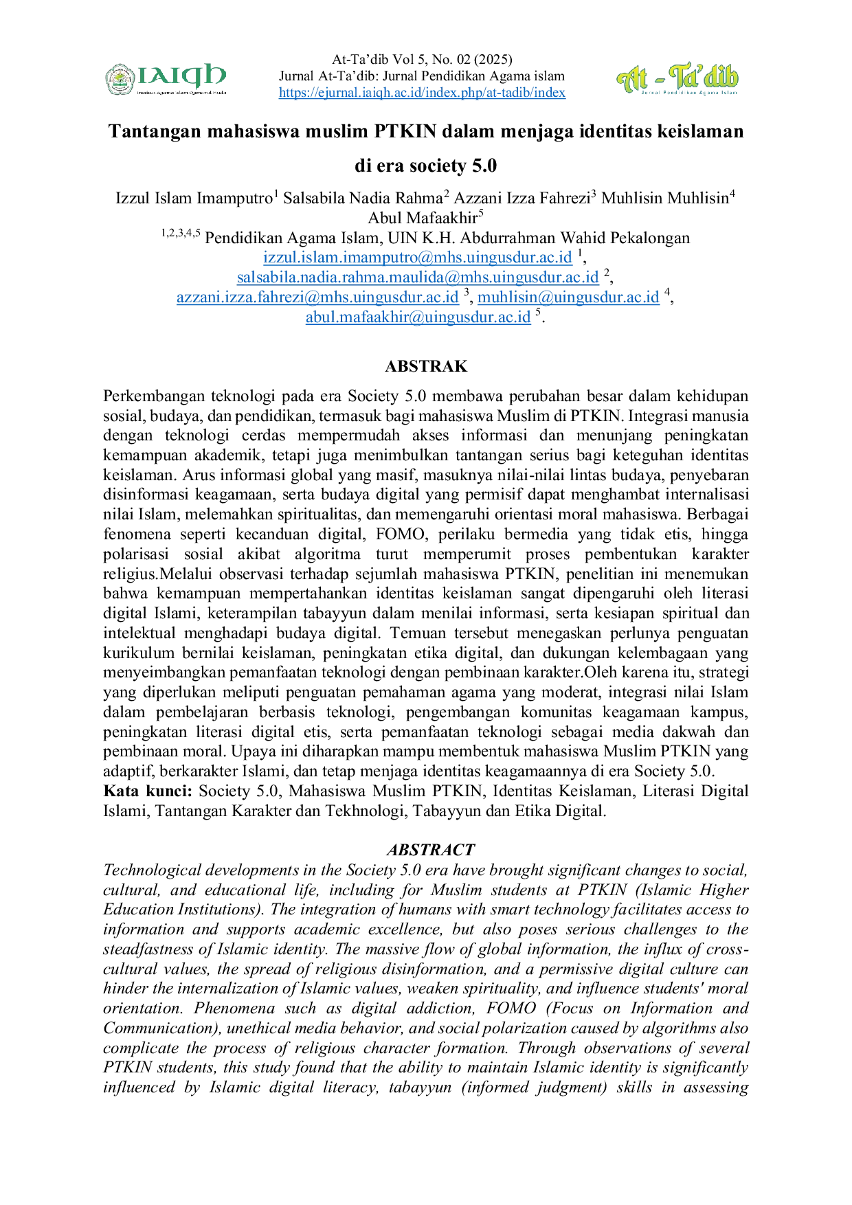 JURIS Tantangan mahasiswa muslim PTKIN dalam menjaga identitas keislaman di era society 5 0