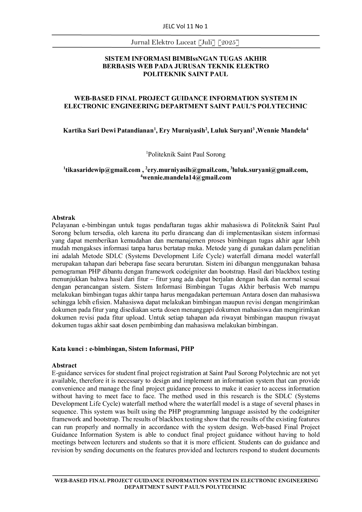 JURIS Sistem Informasi Bimbingan Tugas Akhir Berbasis Web Pada Jurusan Teknik Elektro Politeknik Saint Paul