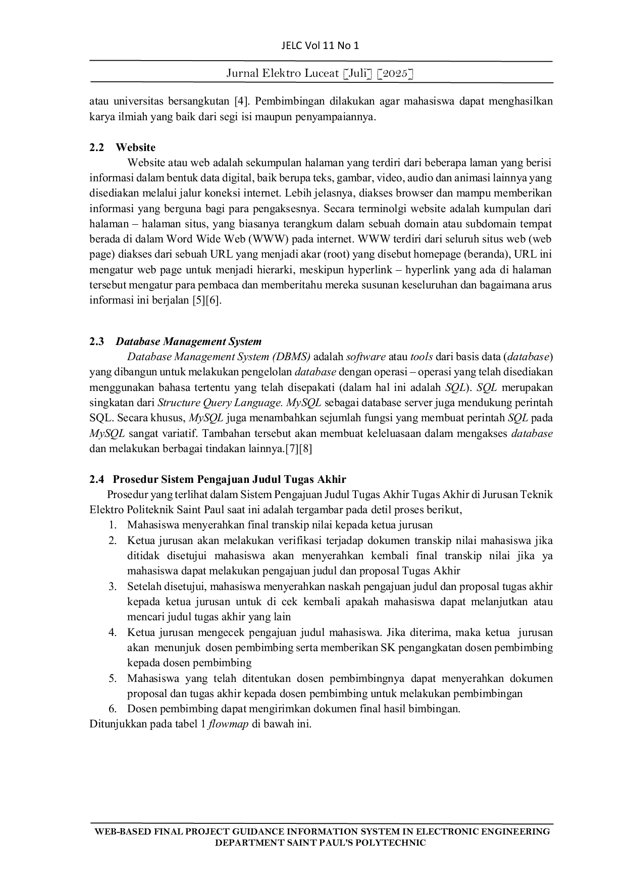 JURIS Sistem Informasi Bimbingan Tugas Akhir Berbasis Web Pada Jurusan Teknik Elektro Politeknik Saint Paul