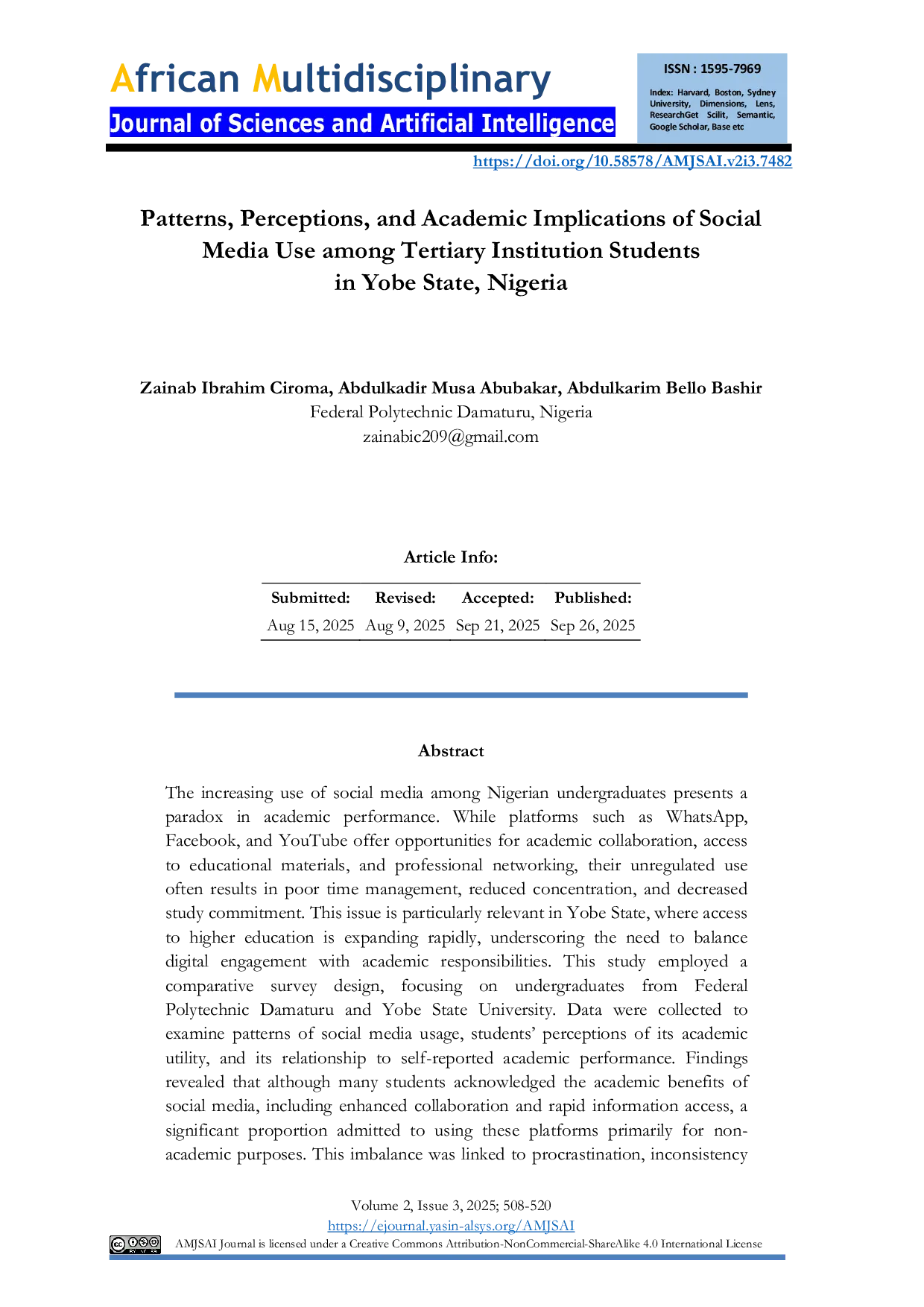 JURIS Patterns Perceptions and Academic Implications of Social Media Use among Tertiary Institution Students in Yobe State Nigeria