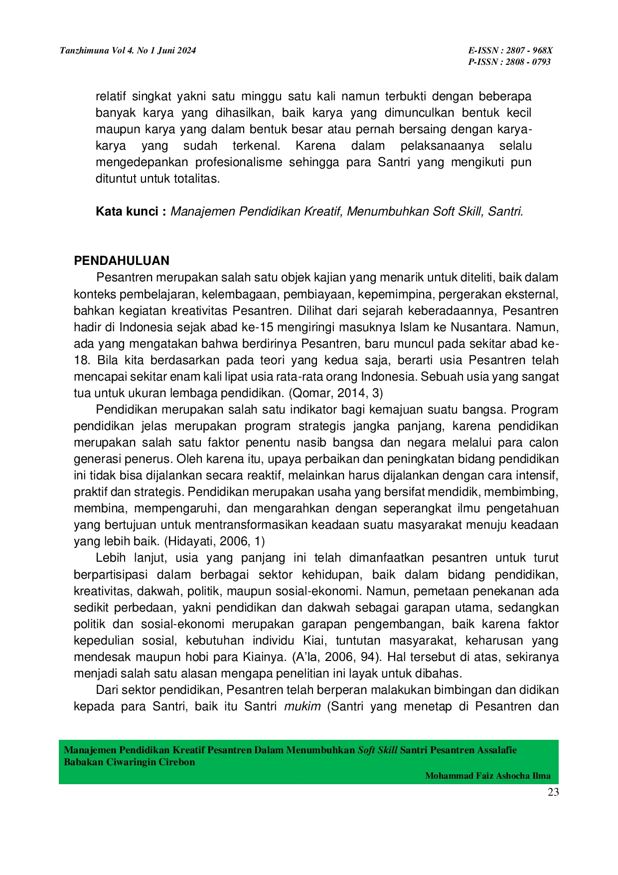 JURIS Manajemen Pendidikan Kreatif Pesantren Dalam Menumbuhkan Soft Skill Santri Pesantren Assalafie Babakan Ciwaringin Cirebon
