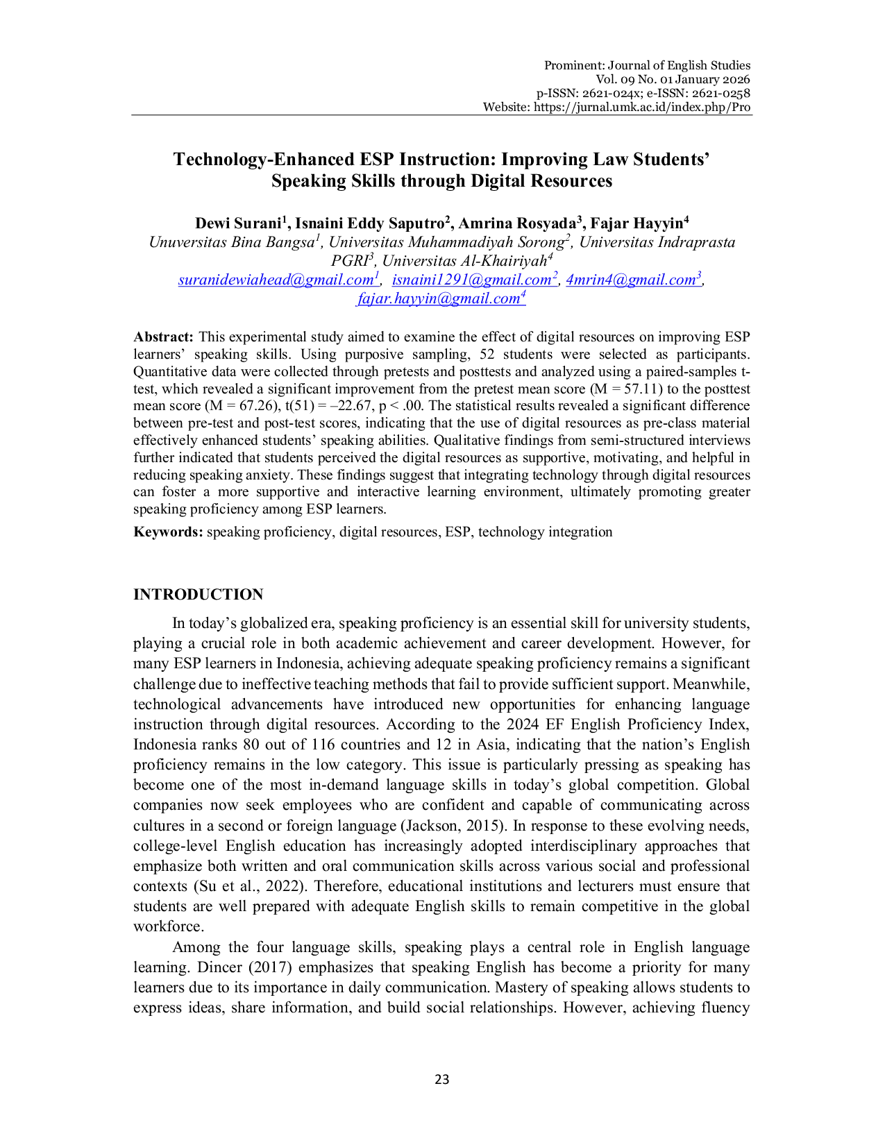 JURIS Technology Enhanced ESP Instruction Improving Law Students Speaking Skills Through Digital Resources