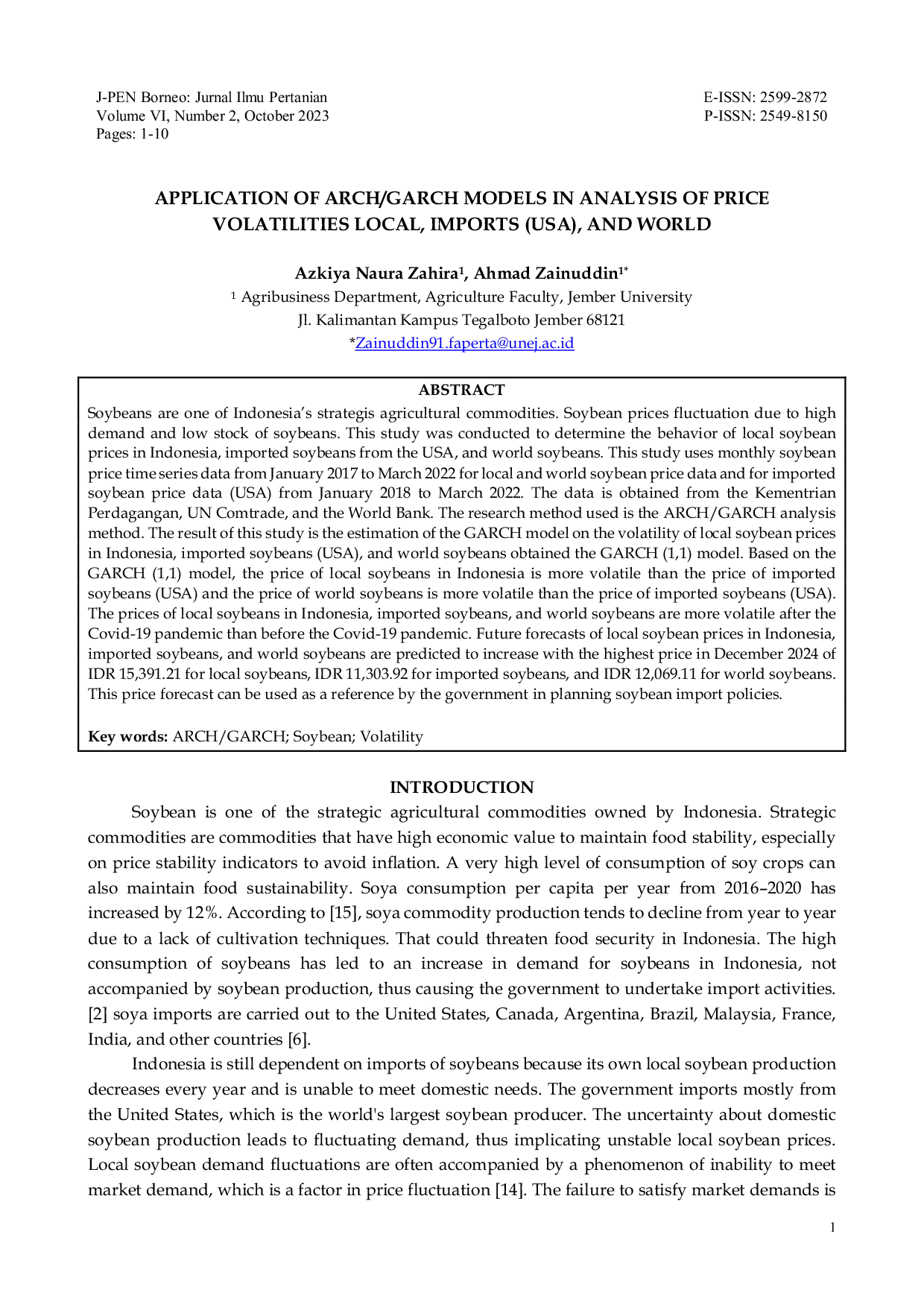 JURIS Application Of Arch Garch Models In Analysis Of Price Volatilities Local Imports USA And World