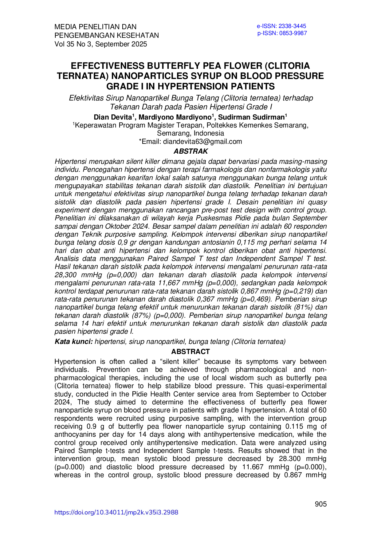 JURIS Efektivitas Sirup Nanopartikel Bunga Telang Clitoria ternatea terhadap Tekanan Darah pada Pasien Hipertensi Grade I