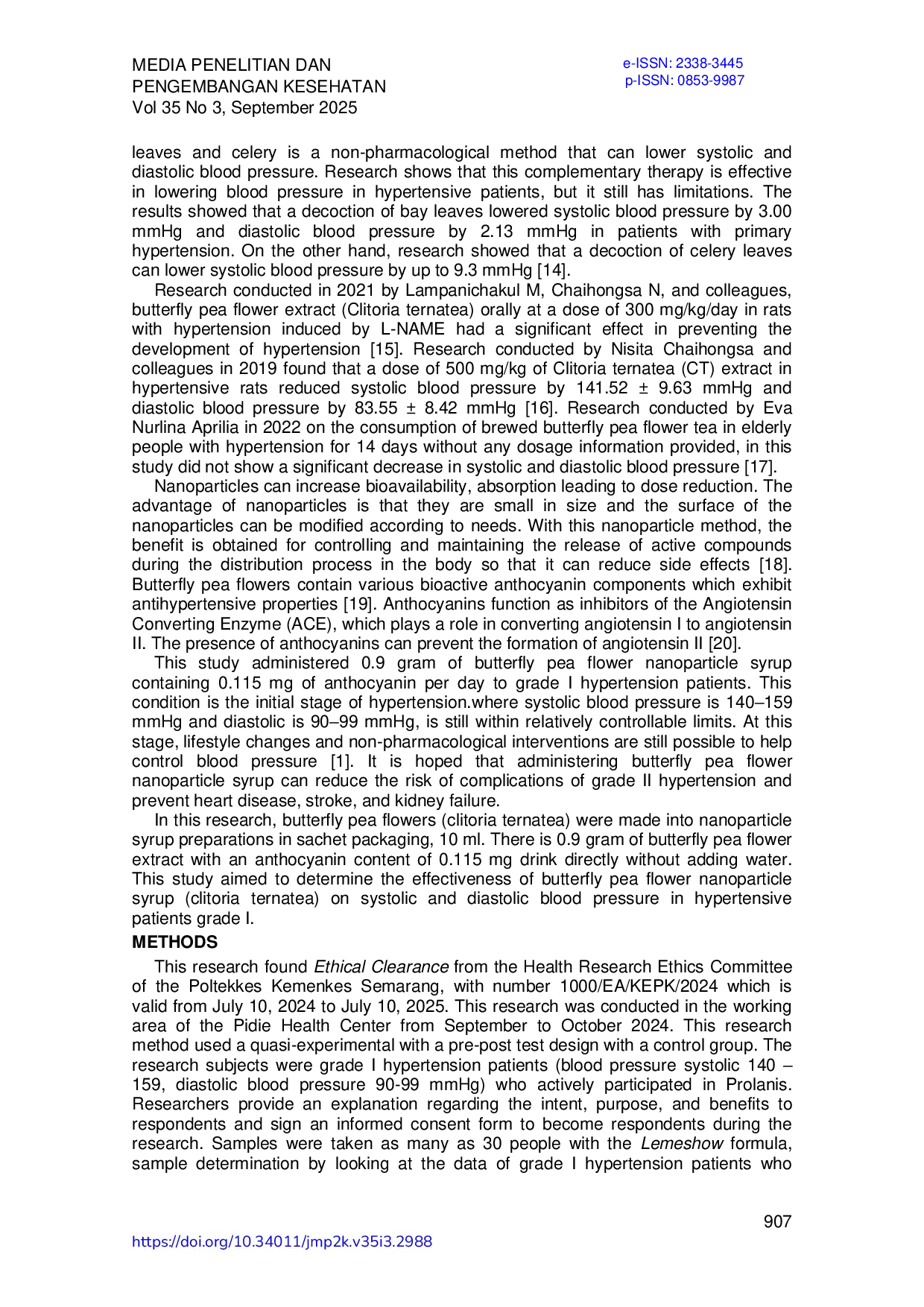 JURIS Efektivitas Sirup Nanopartikel Bunga Telang Clitoria ternatea terhadap Tekanan Darah pada Pasien Hipertensi Grade I