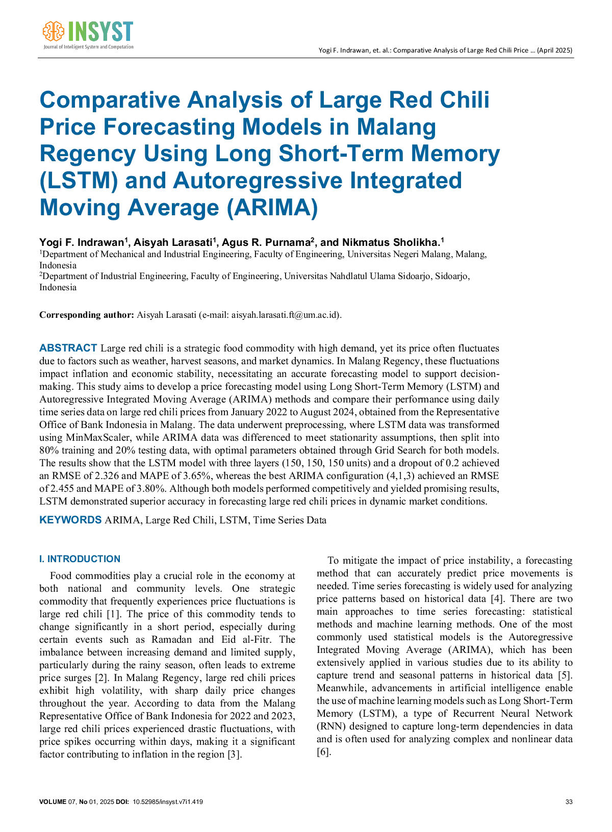 JURIS Comparative Analysis of Large Red Chili Price Forecasting Models in Malang Regency Using Long Short Term Memory LSTM and Autoregressive Integrated Moving Average ARIMA