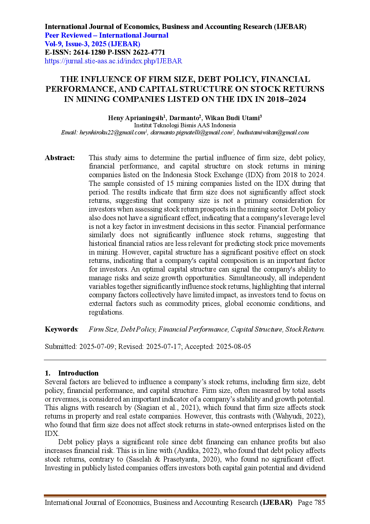 juris Pengaruh Ukuran Perusahaan Kebijakan Hutang Kinerja Keuangan Dan Struktur Modal Terhadap Pengembalian Saham Pada Perusahaan Pertambangan Yang Terdaftar Di Idx Tahun 2018 2024
