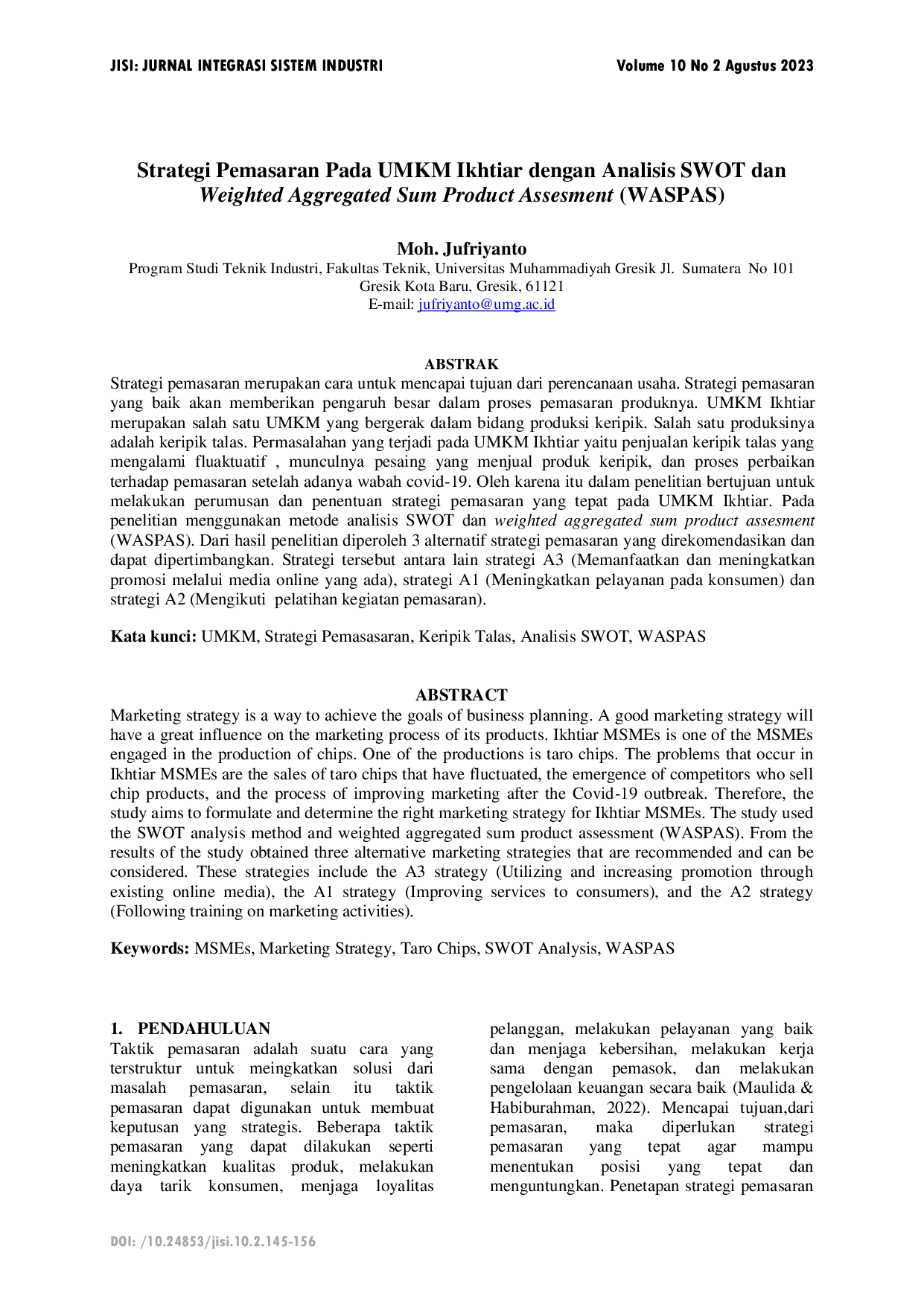 JURIS Strategi Pemasaran Pada UMKM Ikhtiar dengan Analisis SWOT dan Weighted Aggregated Sum Product Assesment WASPAS