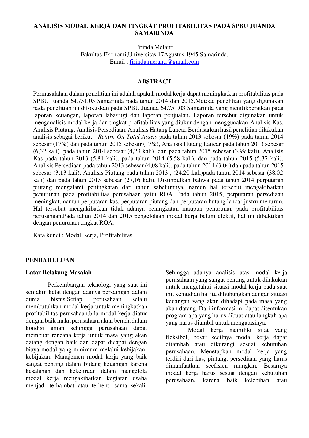 JURIS Analisis Modal Kerja Dan Tingkat Profitabilitas Pada Spbu Juanda Samarinda
