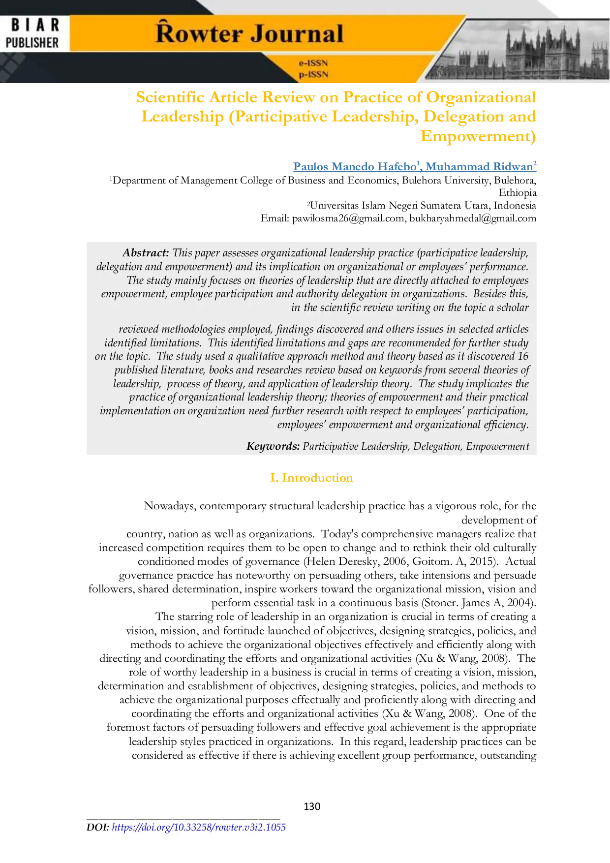 JURIS Scientific Article Review on Practice of Organizational Leadership Participative Leadership Delegation and Empowerment