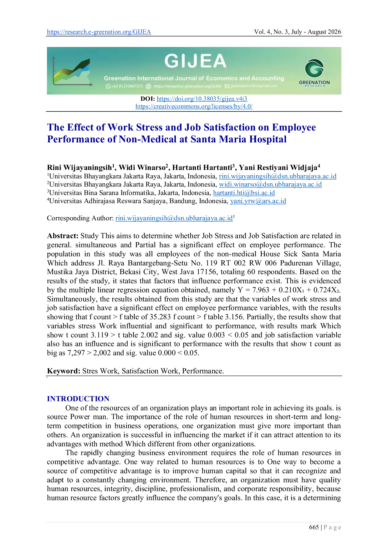 JURIS The Effect of Work Stress and Job Satisfaction on Employee Performance of Non Medical at Santa Maria Hospital