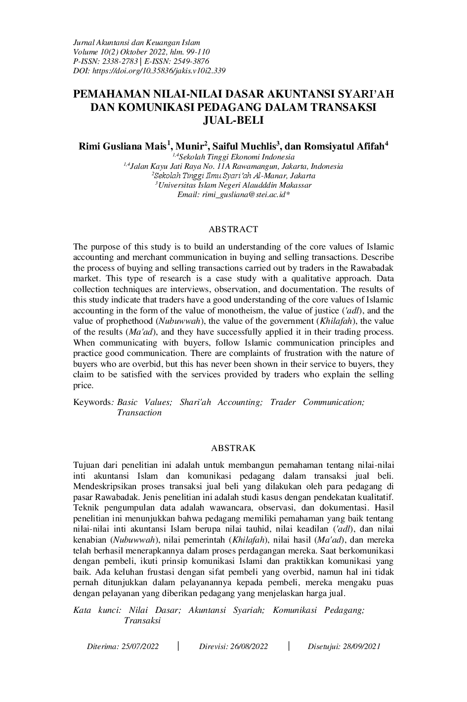 juris Pemahaman Nilai Nilai Dasar Akuntansi Syari ah dan Komunikasi Pedagang dalam Transaksi Jual Beli