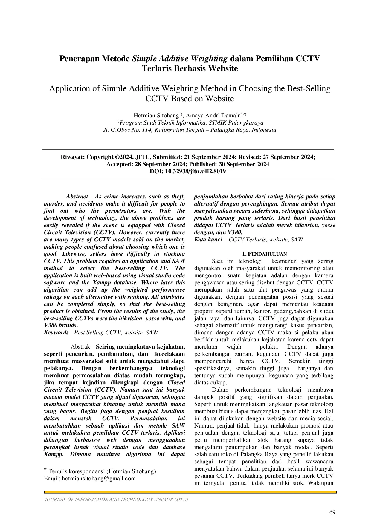 JURIS Application of Simple Additive Weighting Method in Choosing the Best Selling CCTV Based on Website