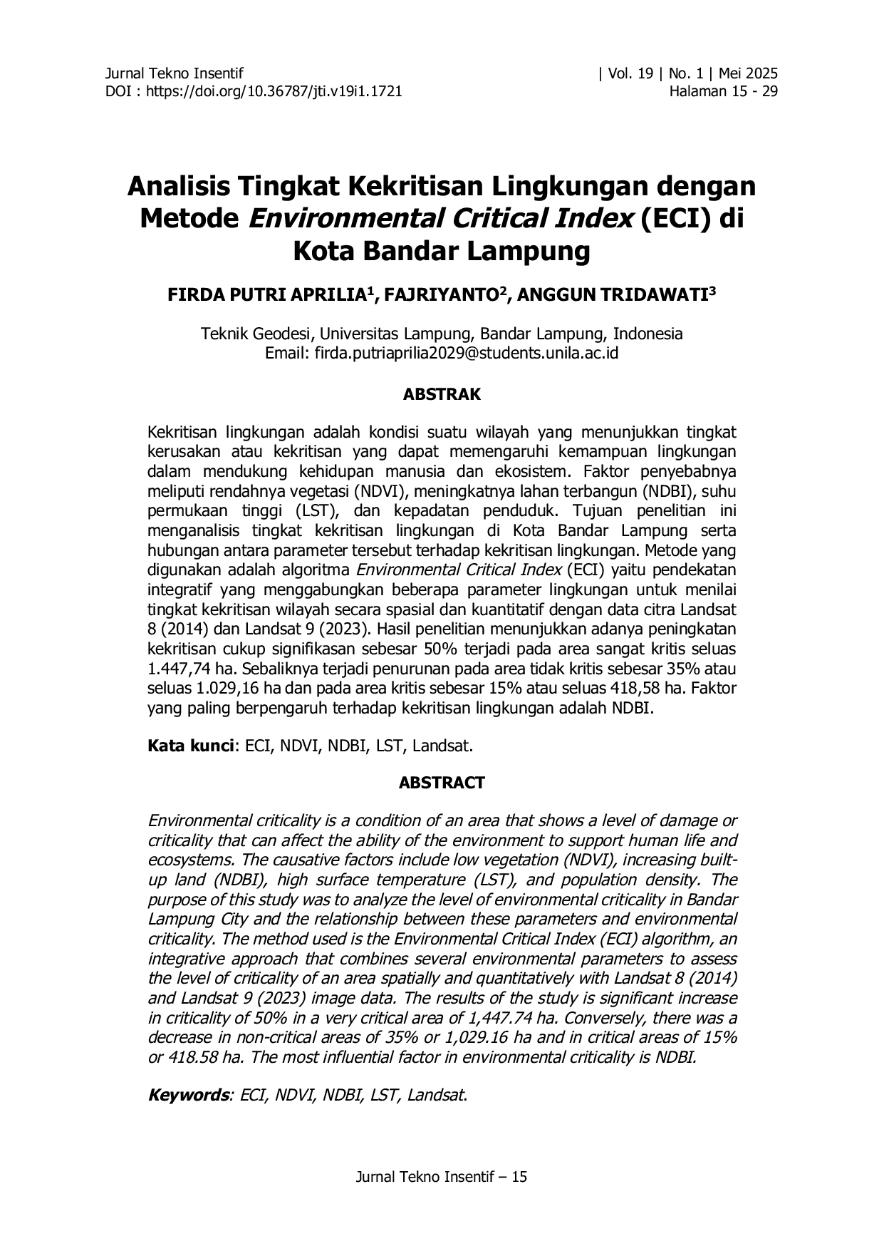 JURIS Analisis Tingkat Kekritisan Lingkungan dengan Metode Environmental Critical Index ECI di Kota Bandar Lampung