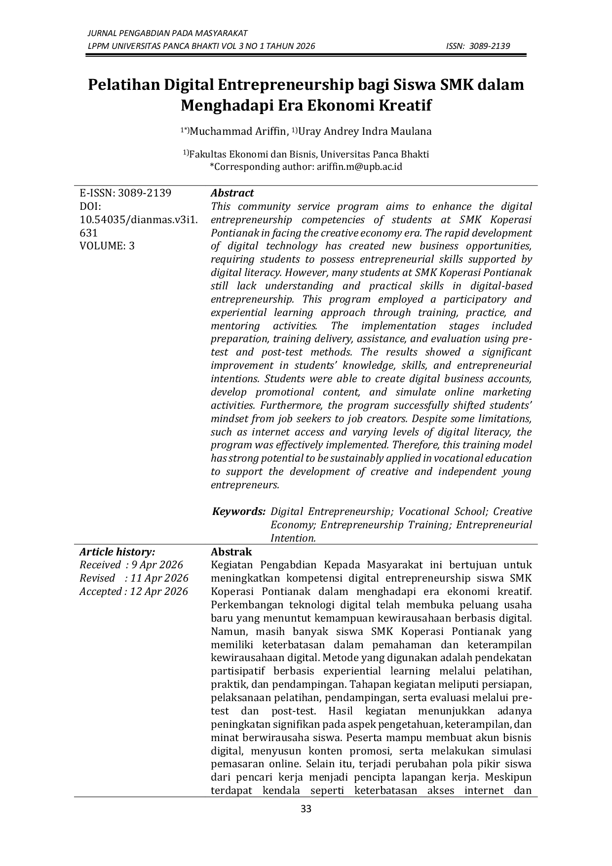 JURIS Pelatihan Digital Entrepreneurship bagi Siswa SMK dalam Menghadapi Era Ekonomi Kreatif